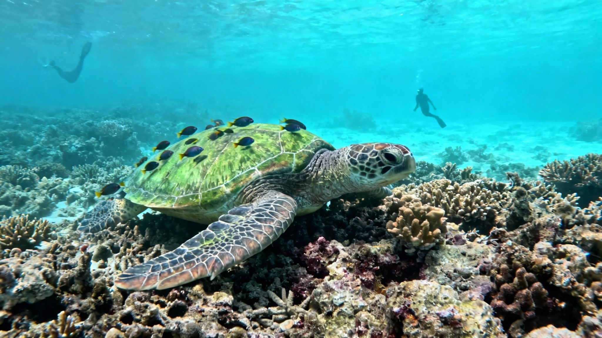 A green sea turtle with small fish on its shell rests on a vibrant coral reef, with snorkelers visible in the clear blue water.