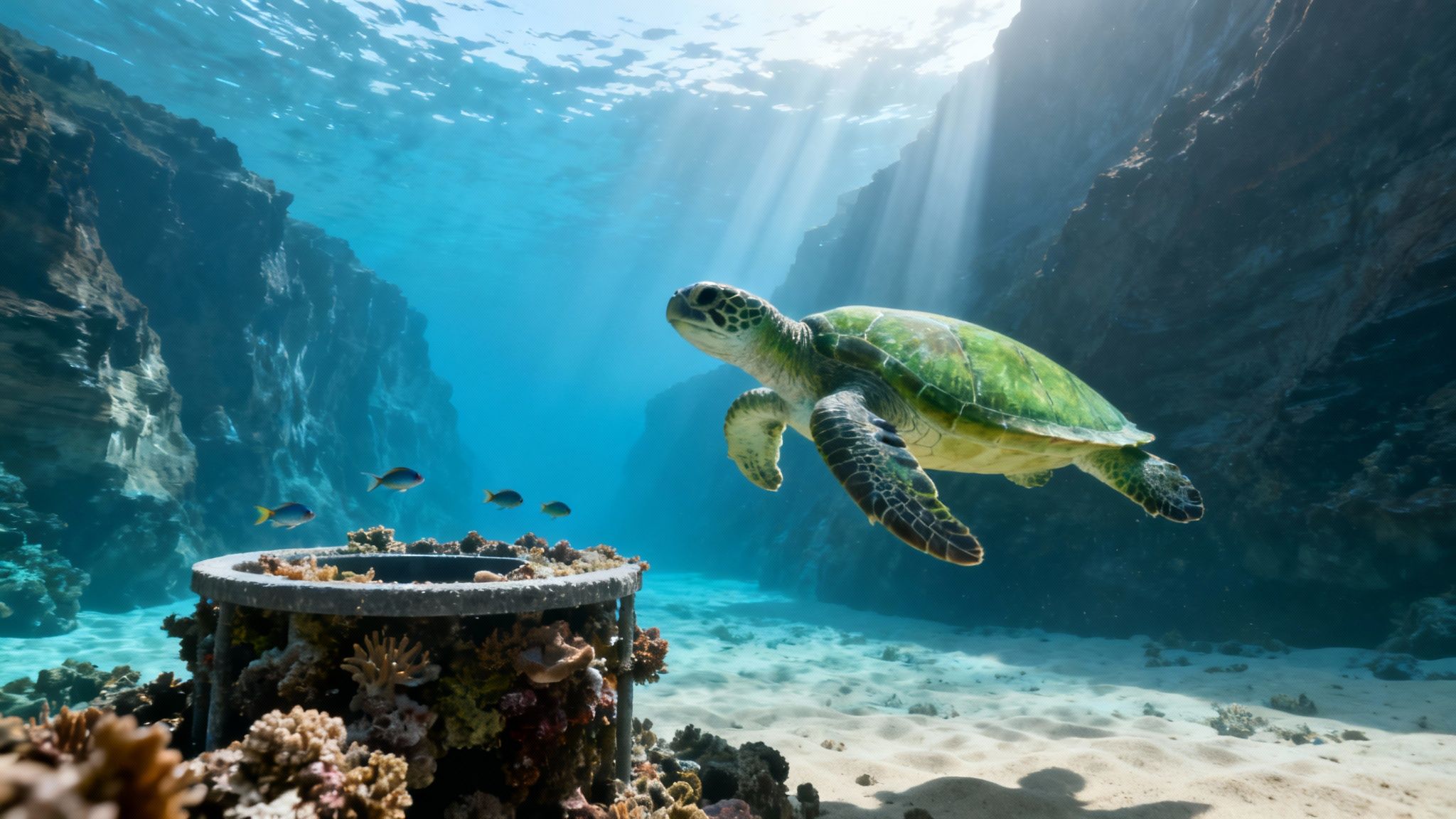 A majestic green sea turtle swims underwater, bathed in sun rays, near a coral reef and rocky cliffs.