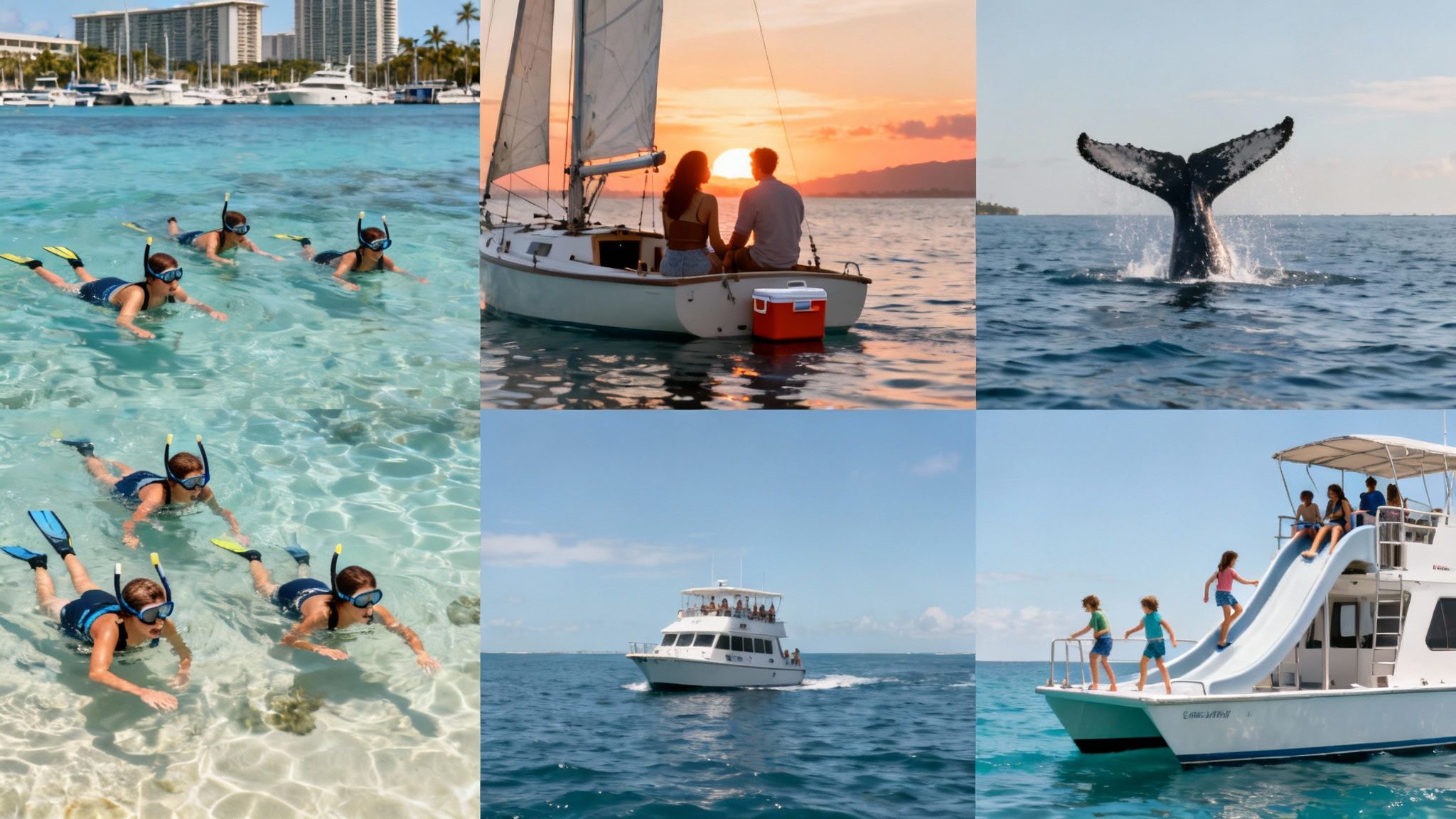 A collage of exciting ocean activities: snorkeling, sailing, whale watching, and boat trips.