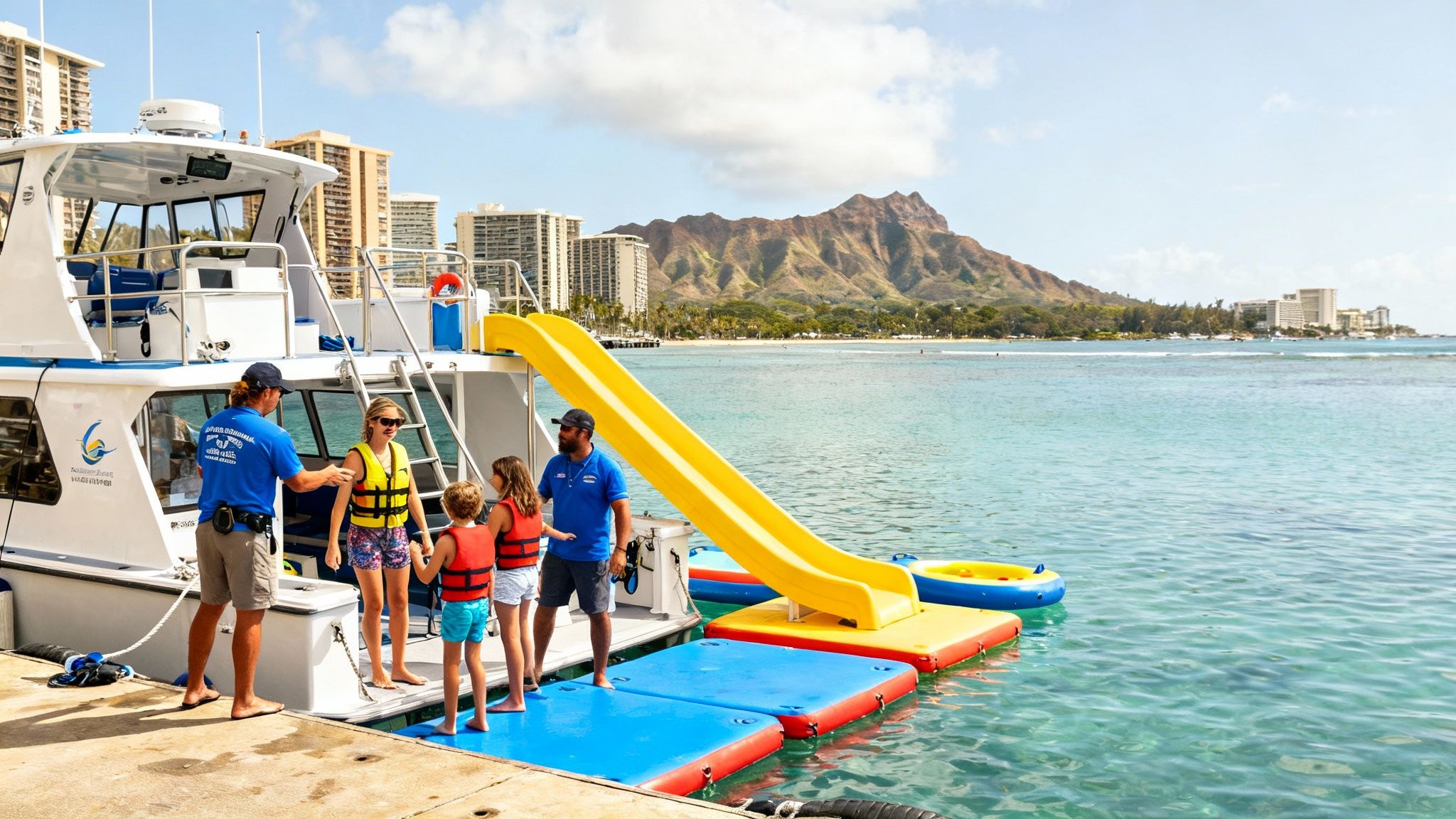 Guides and children on a boat with a yellow water slide, overlooking Diamond Head in Honolulu.