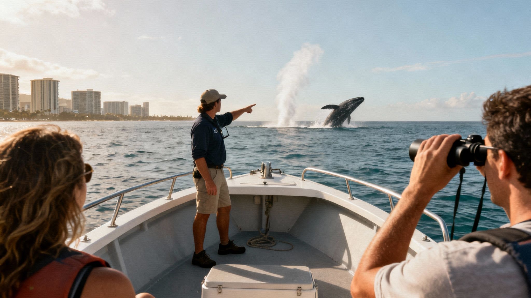 Tour guide pointing at breaching humpback whale while tourists photograph from boat deck in Honolulu