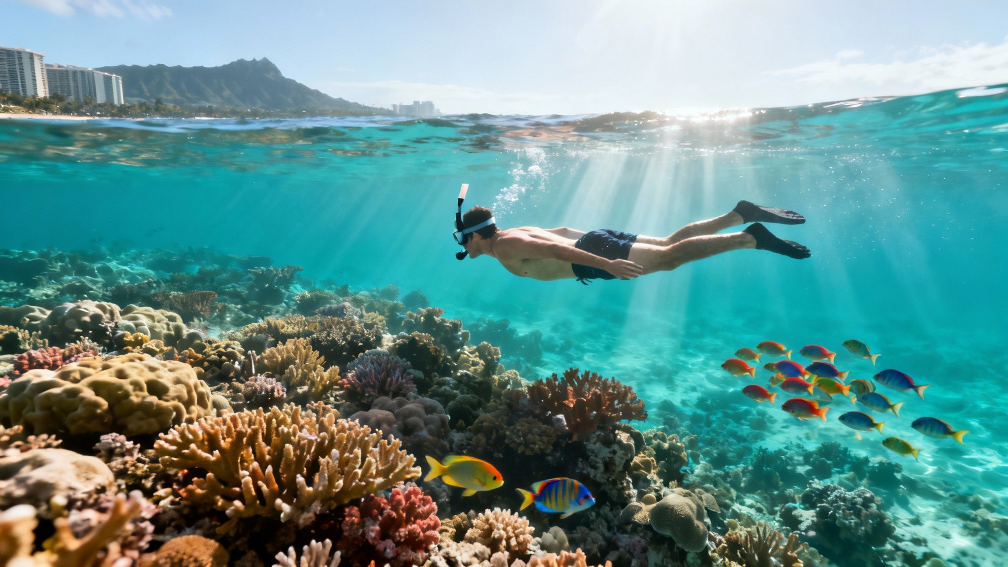 Man snorkeling over a vibrant coral reef with colorful fish and sun rays, above water view of Honolulu.