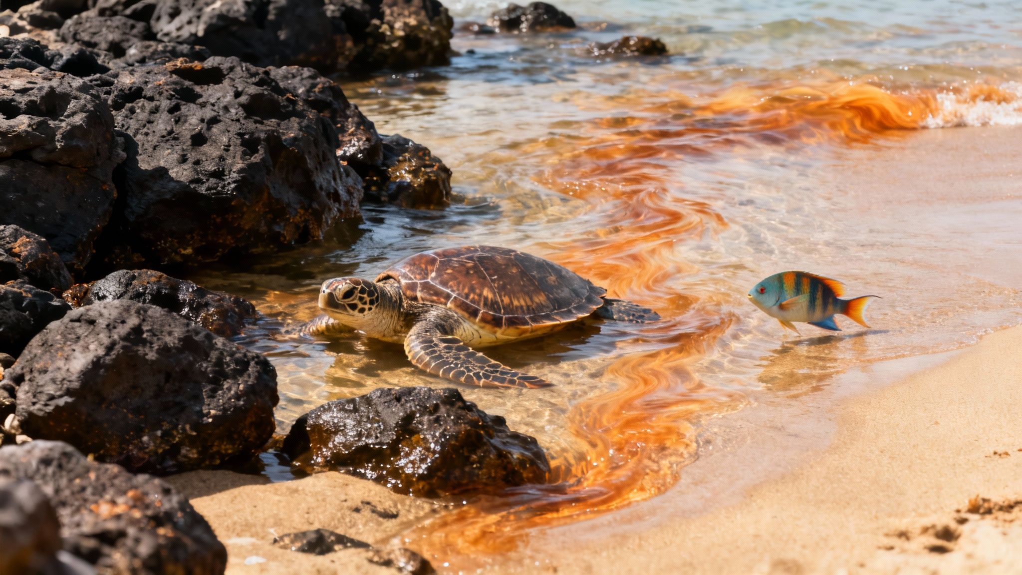 A sea turtle resting in shallow ocean water near dark rocks, with a colorful fish swimming close by.