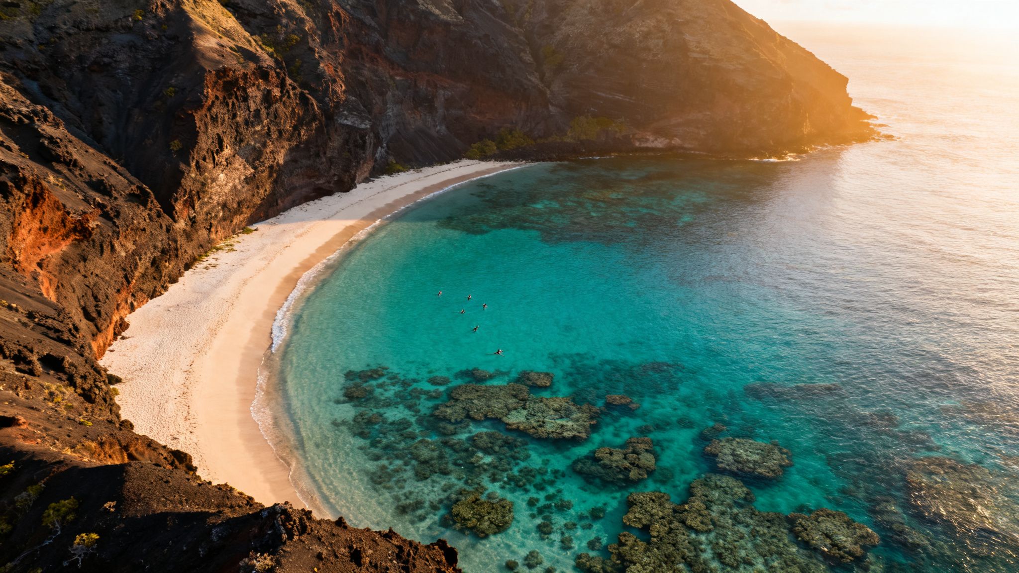 Aerial view of a stunning tropical beach with turquoise water, cliffs, and paddleboarders.