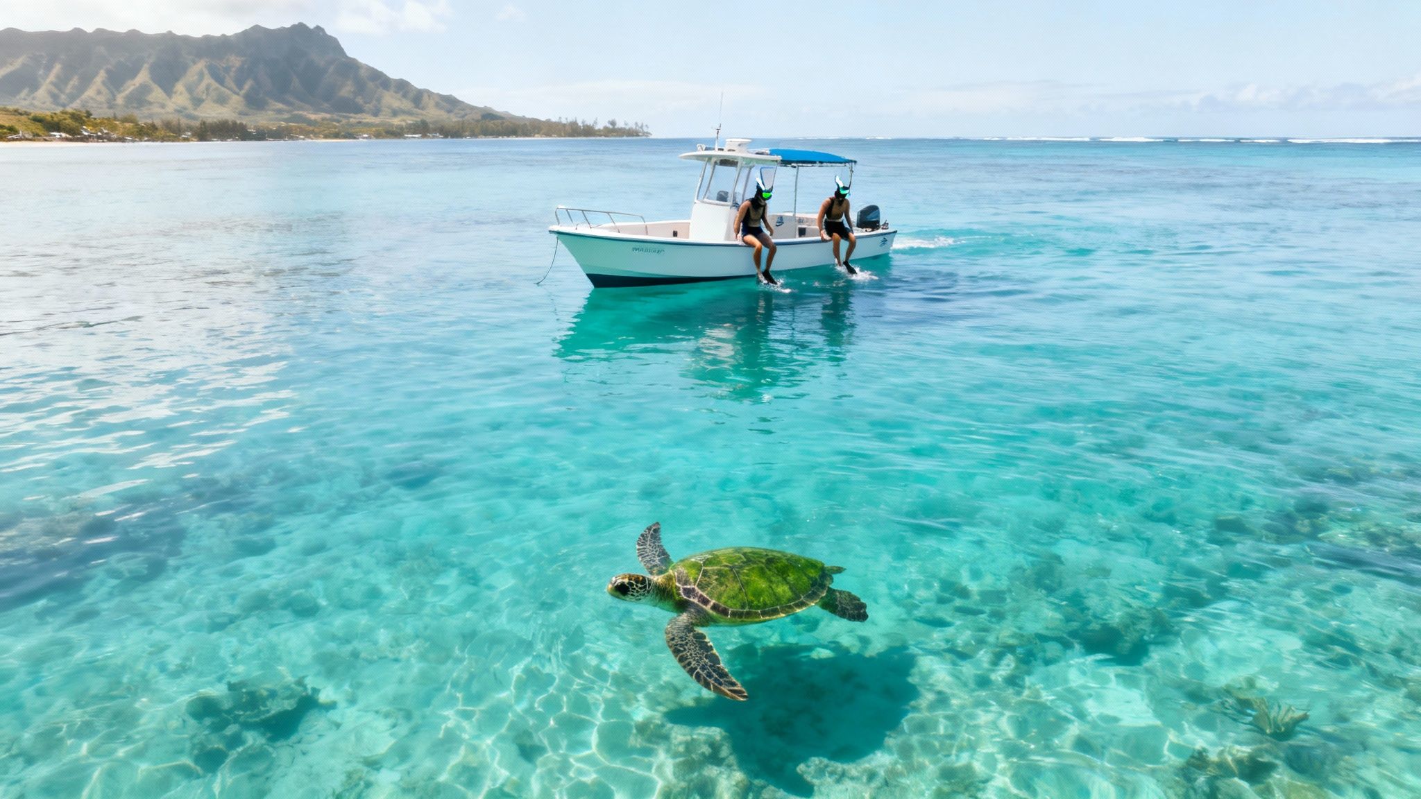 Two snorkelers on a boat observe a sea turtle swimming in crystal clear Hawaiian waters.