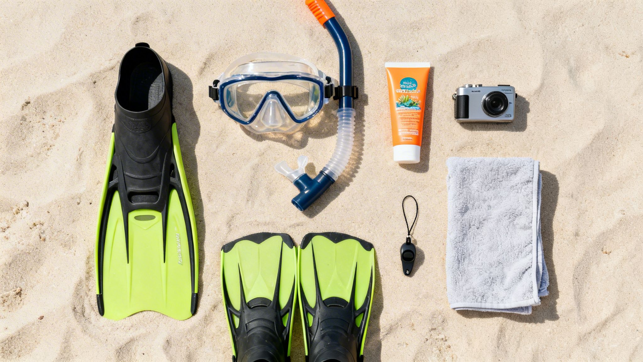 Essential snorkeling equipment and beach items neatly arranged on a sandy background.