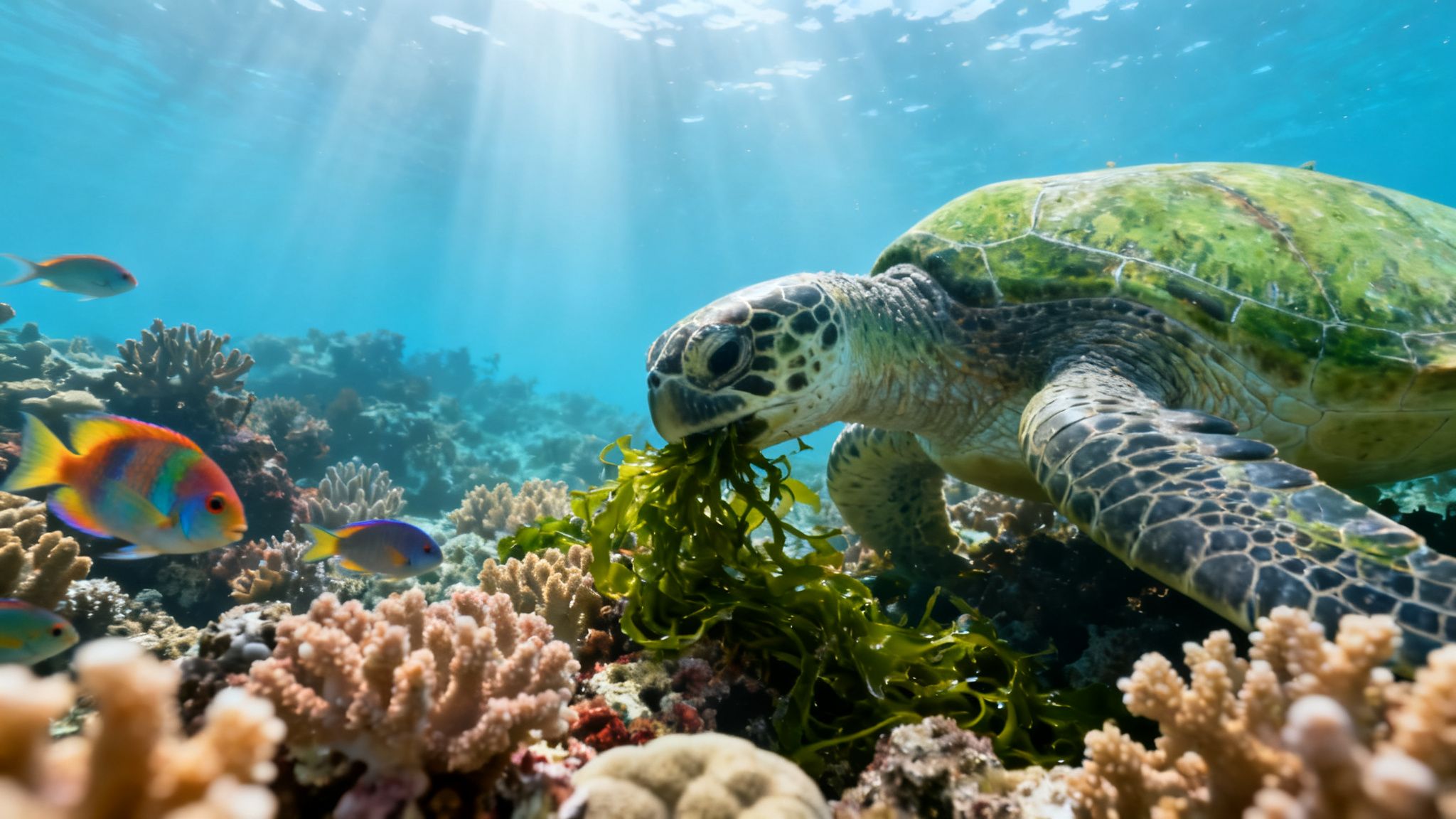 A green sea turtle feeds on seaweed amidst a colorful coral reef, with sun rays and vibrant fish.