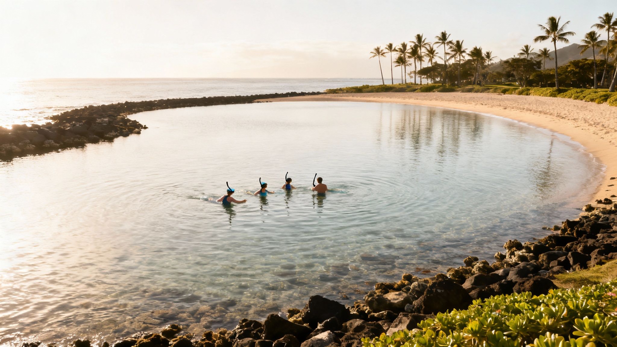 A family snorkels together in a beautiful, calm bay with a sandy beach and palm trees at sunset.