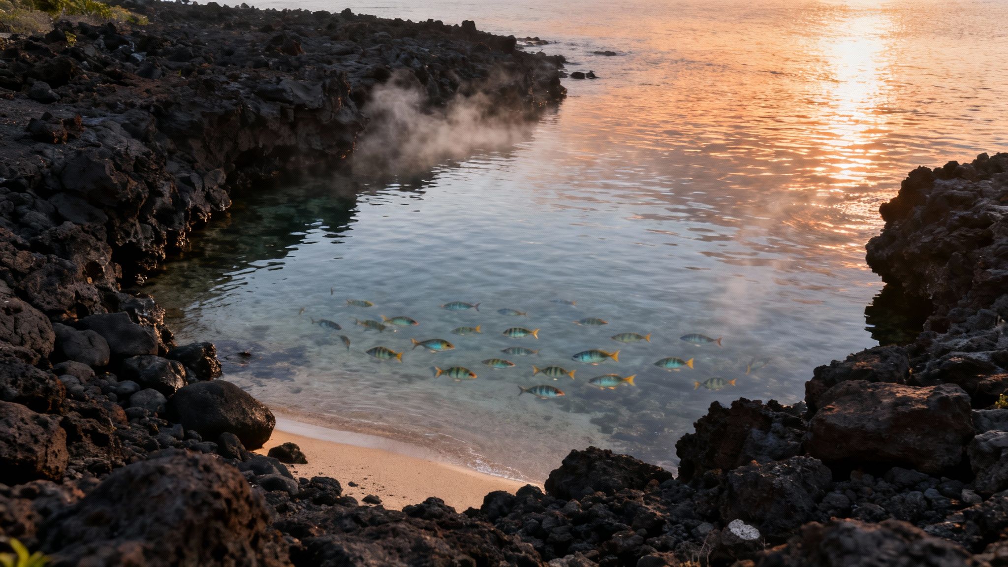 A clear cove with many fish swimming, surrounded by volcanic rocks and rising steam, reflecting a golden sunset.