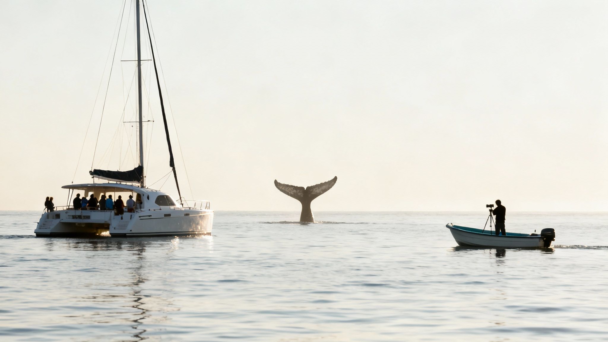 A small group tour boat gets a close-up, respectful view of a humpback whale's tail near Honolulu.
