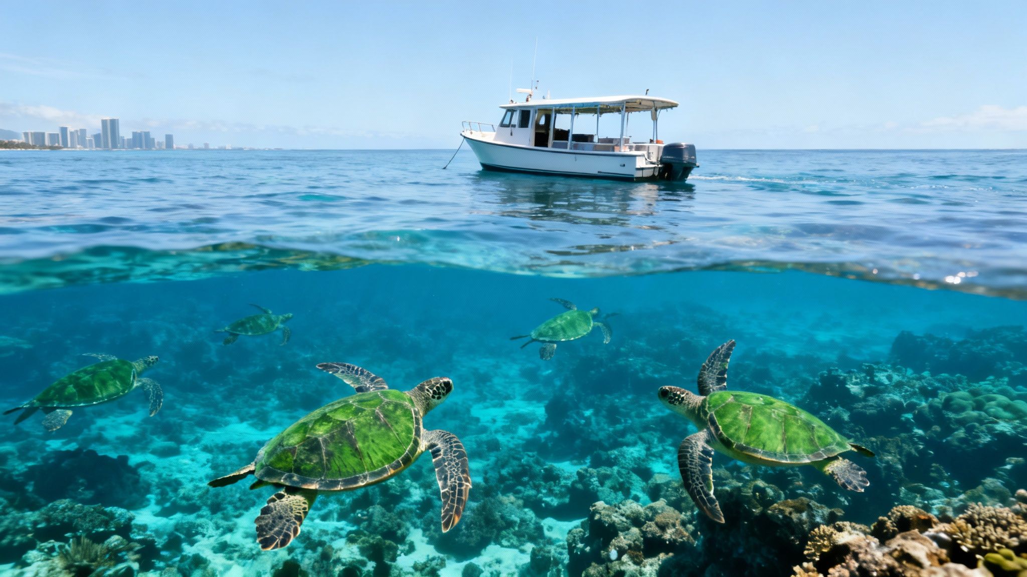 A boat floats on the ocean with a city skyline, above five sea turtles swimming among coral.