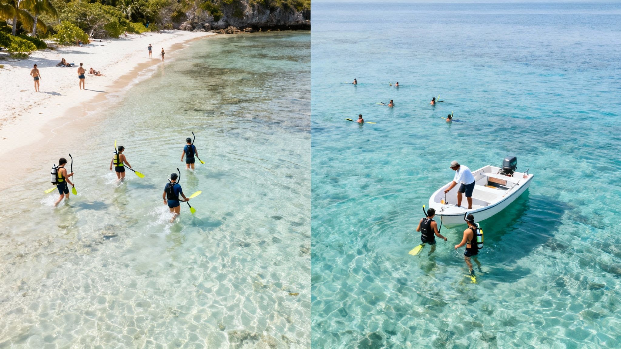 Snorkelers explore clear blue waters near a sandy beach and around a small boat.