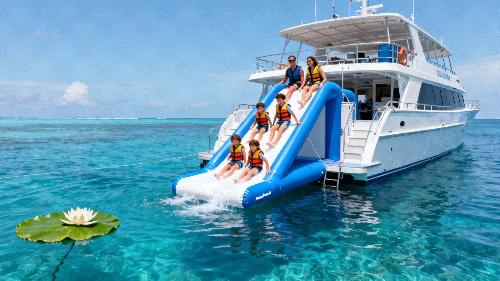 A family enjoys a fun day on a yacht with an inflatable water slide in the clear blue ocean.