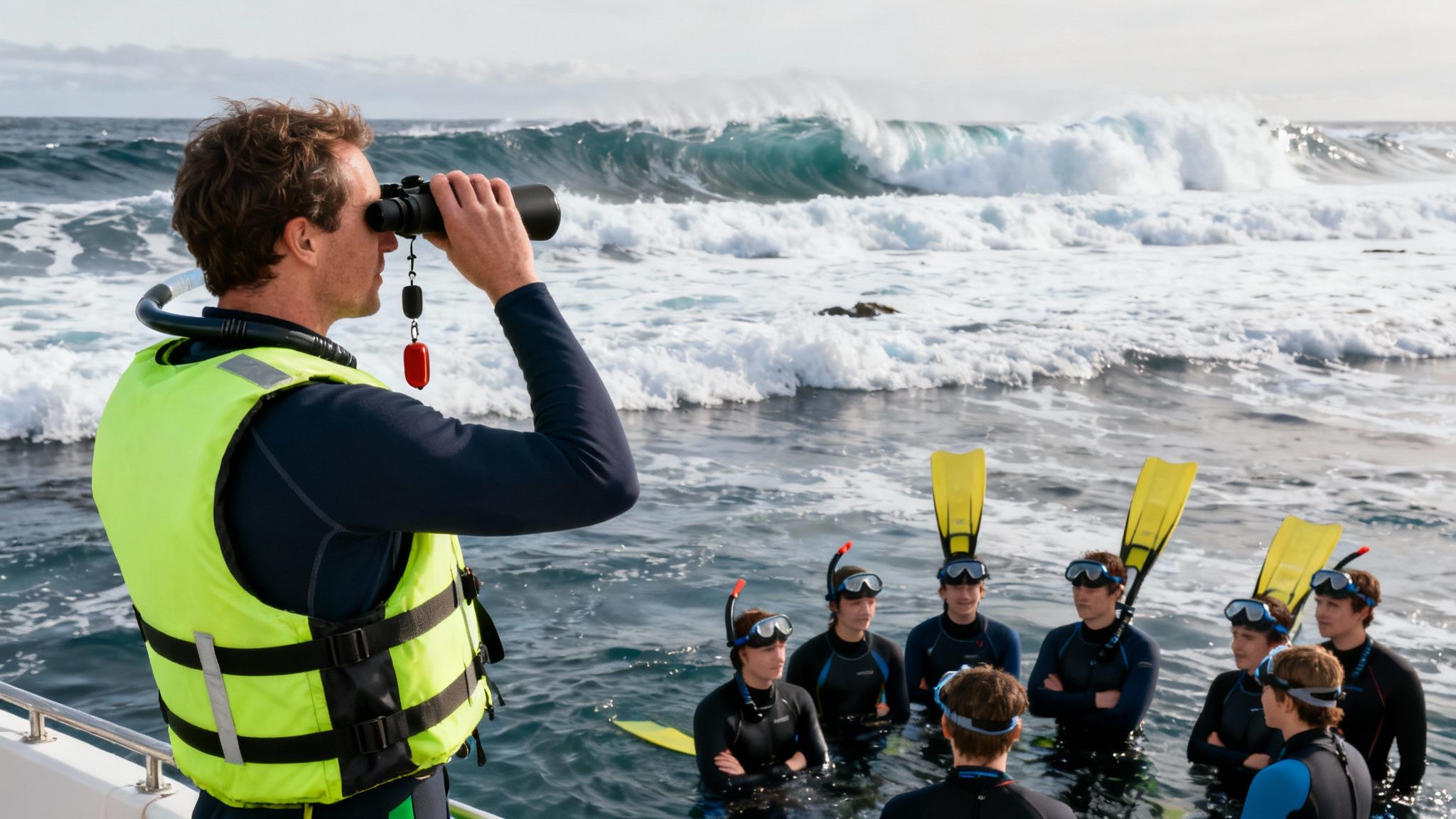 A guide in a life vest looks through binoculars from a boat, with a group of snorkelers waiting in the ocean.