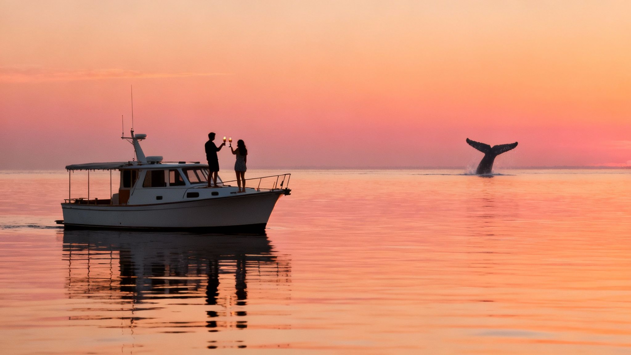A couple on a boat toasts champagne at sunset while a whale's tail emerges from the ocean.