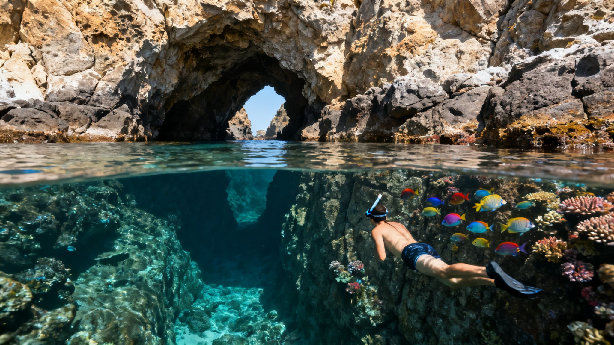 Split image of a person snorkeling in clear blue water with colorful fish and coral reef, near rocky sea caves.