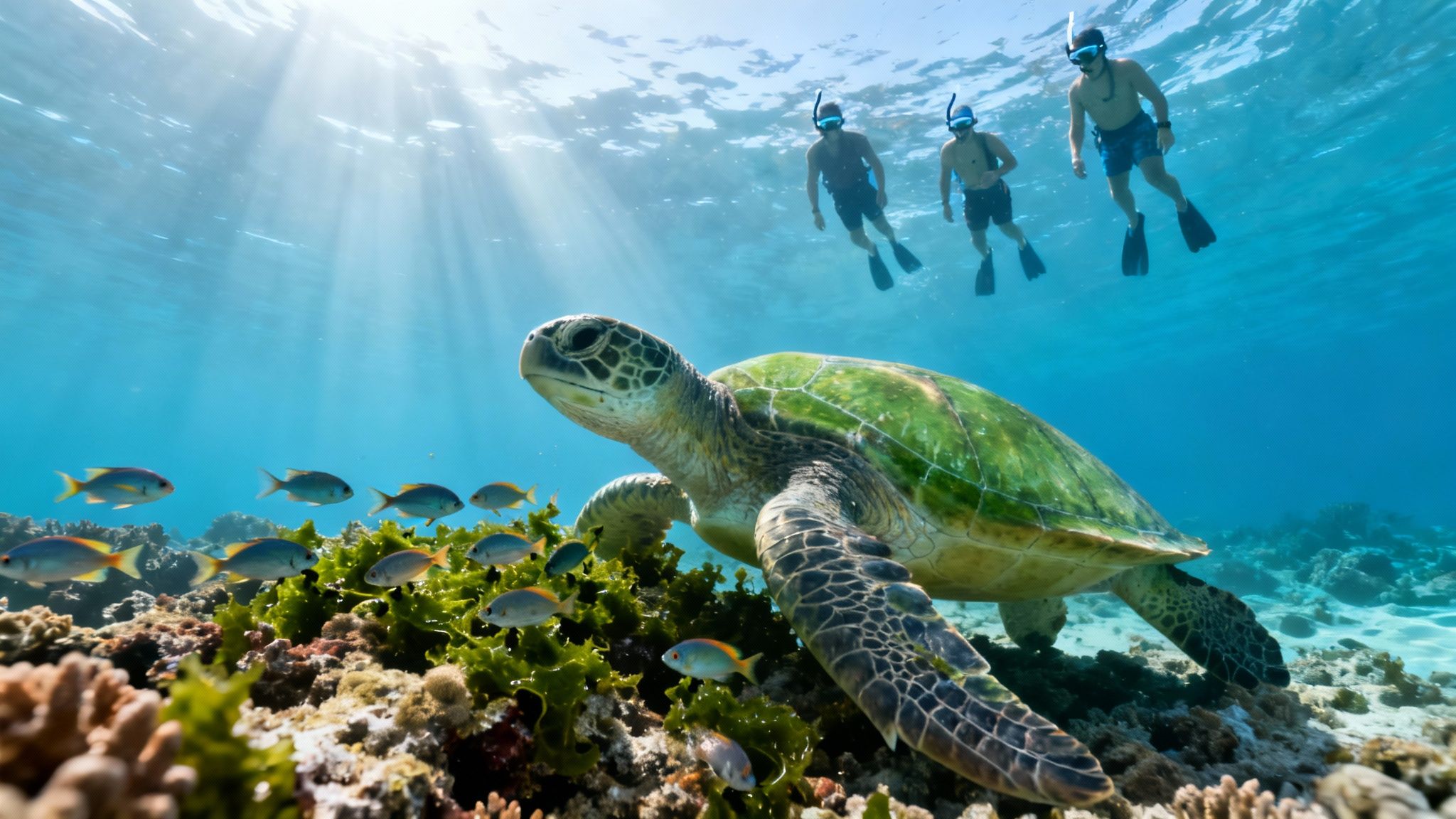 Three snorkelers observe a green sea turtle swimming over a vibrant coral reef with fish and sun rays.
