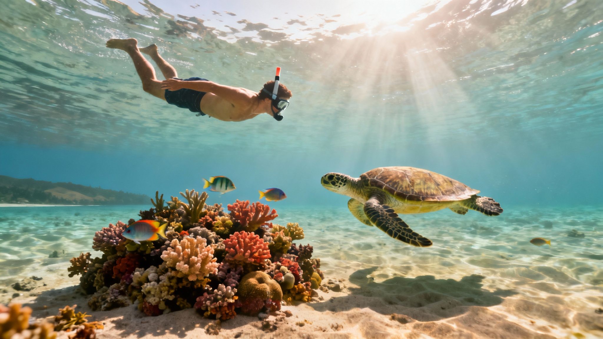 A person snorkeling near a vibrant coral reef, observing a green sea turtle and colorful fish in clear tropical waters.