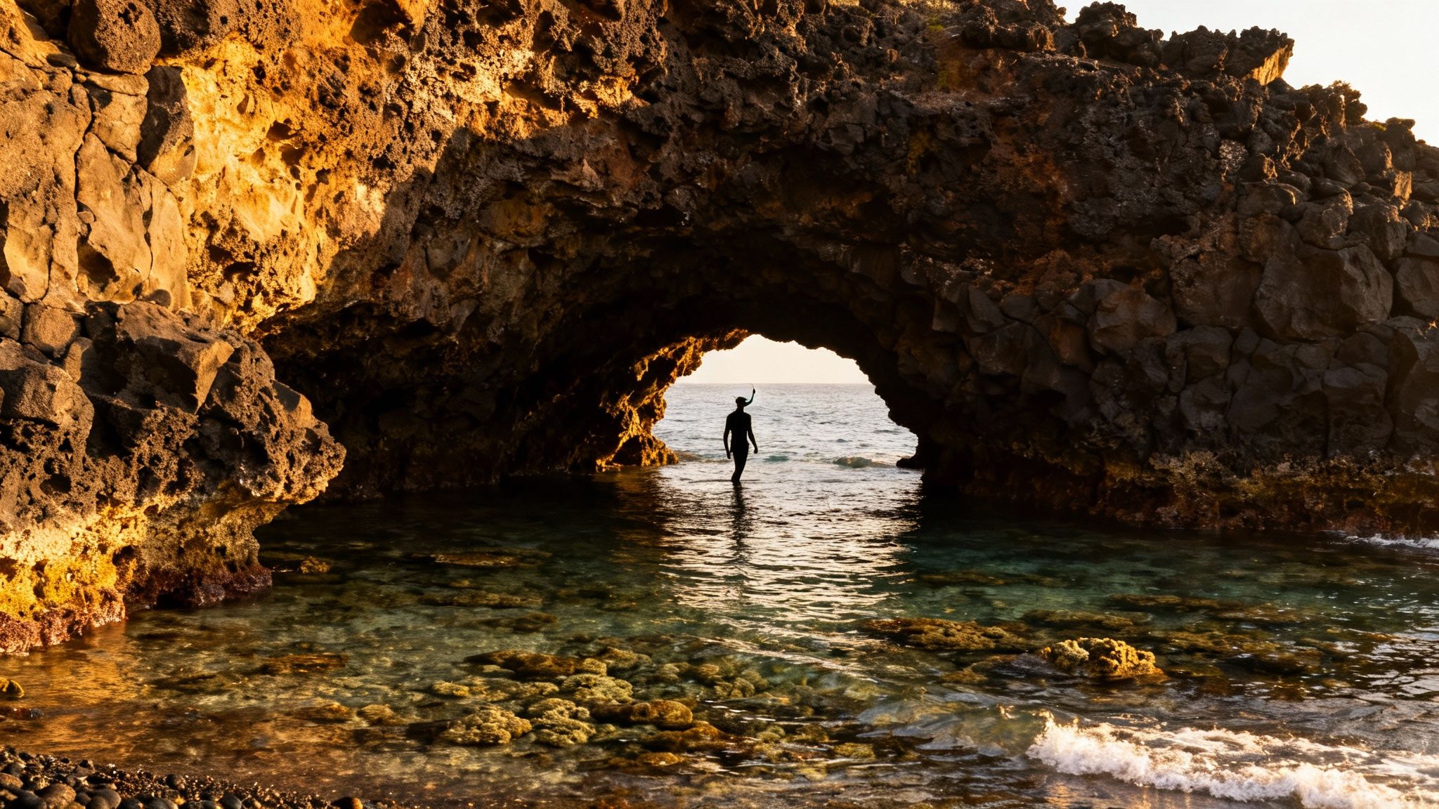 A person stands silhouetted in a clear water rock archway, looking out at the ocean at sunset.