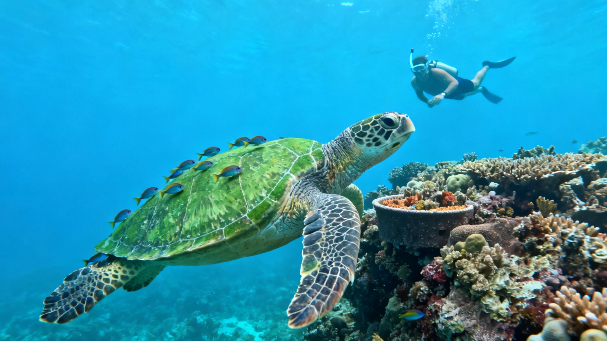 A vibrant underwater scene with a sea turtle carrying small fish on its back, a snorkeler, and a coral reef.