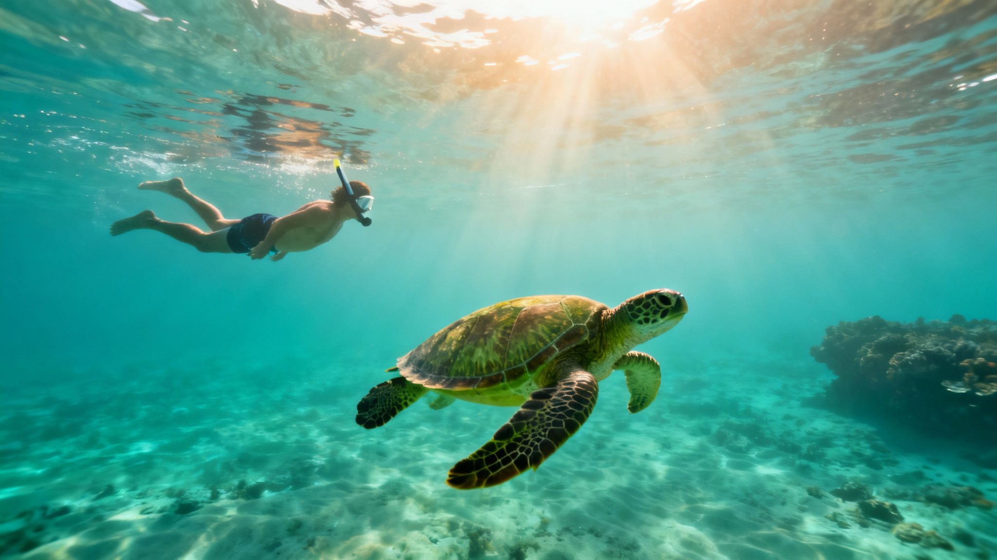 A person snorkels in clear blue water, observing a large green sea turtle swimming beside them, bathed in sunlight.