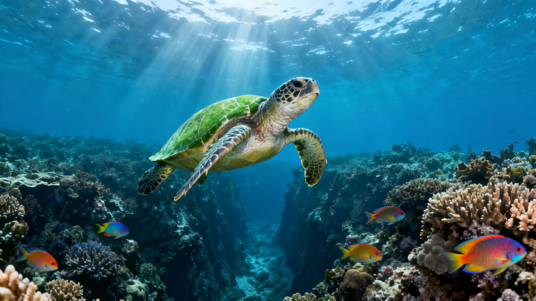 A vibrant green sea turtle swims gracefully over a colorful coral reef with bright fish and sun rays.