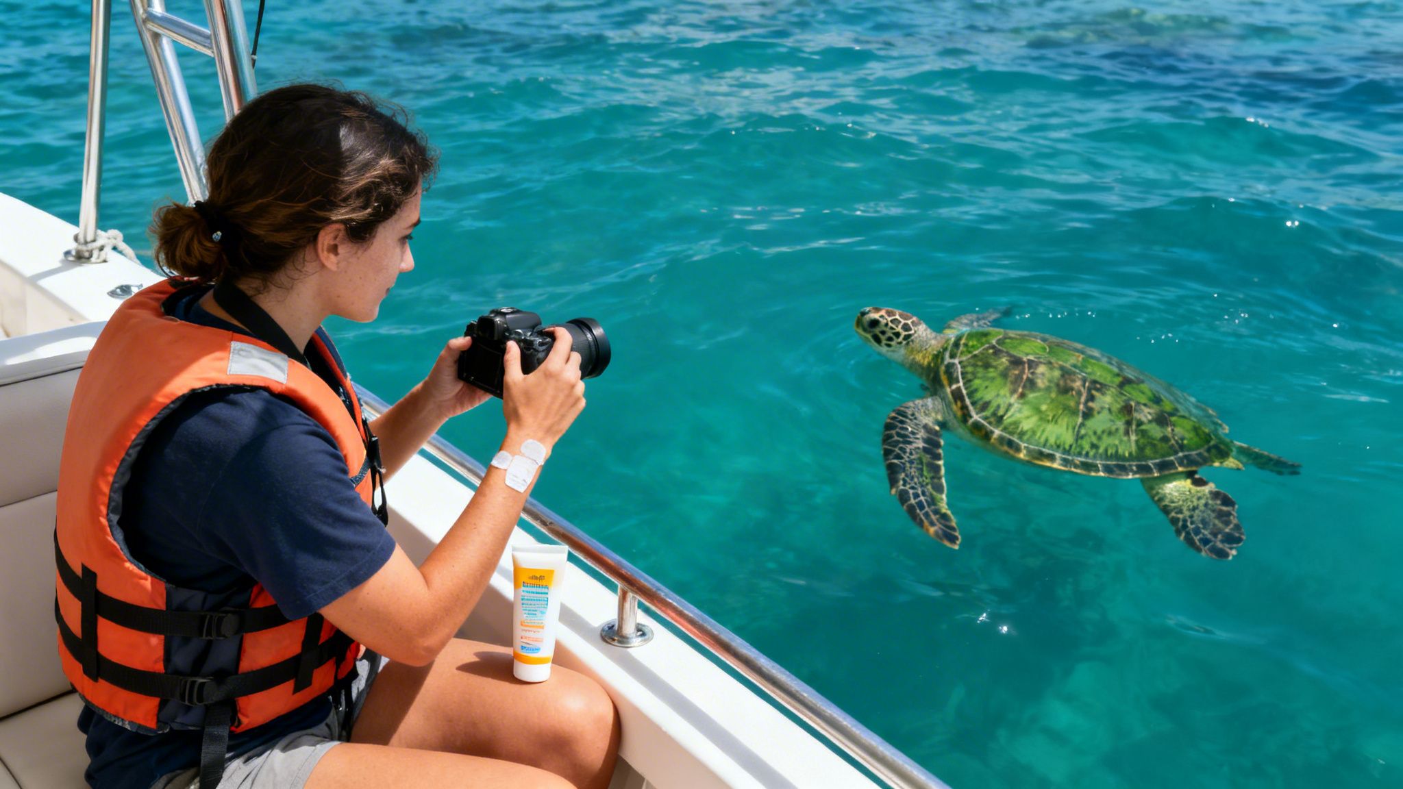 A young woman on a boat photographs a sea turtle swimming in clear turquoise water.