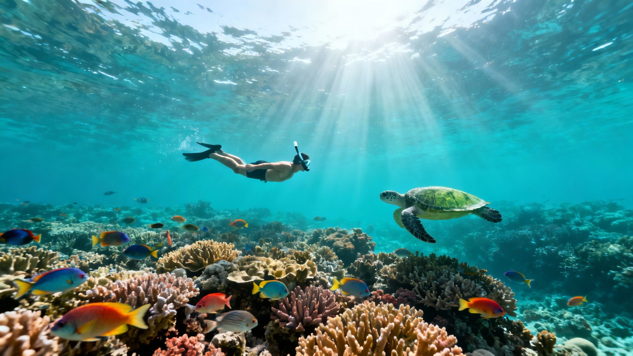 Man snorkeling alongside a sea turtle and colorful fish over a vibrant coral reef.
