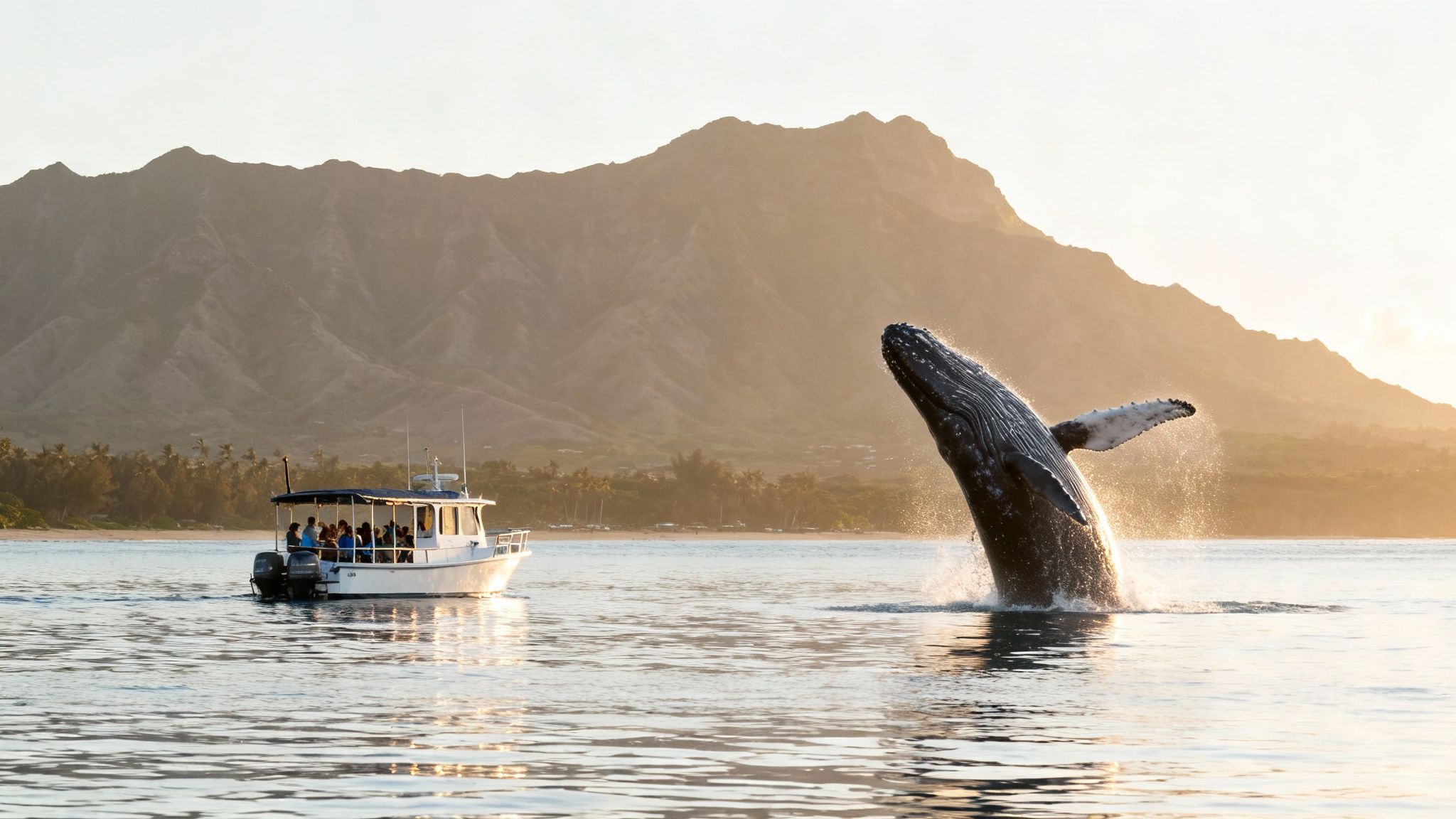 A large humpback whale breaches out of the water next to a boat filled with tourists, under a golden sunset and mountains in the background.