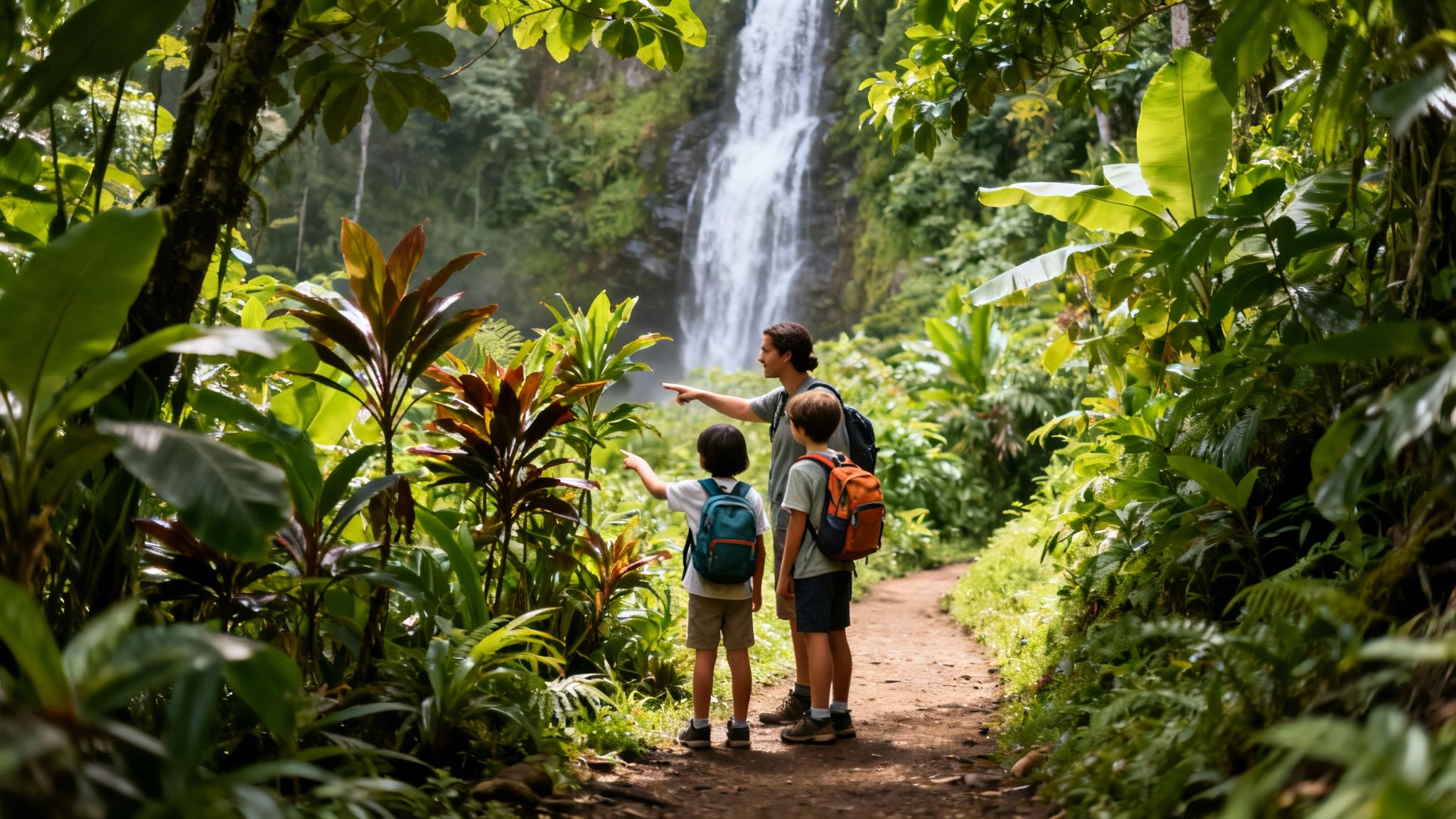 Father and two children hiking through a lush tropical jungle, pointing at a majestic waterfall.