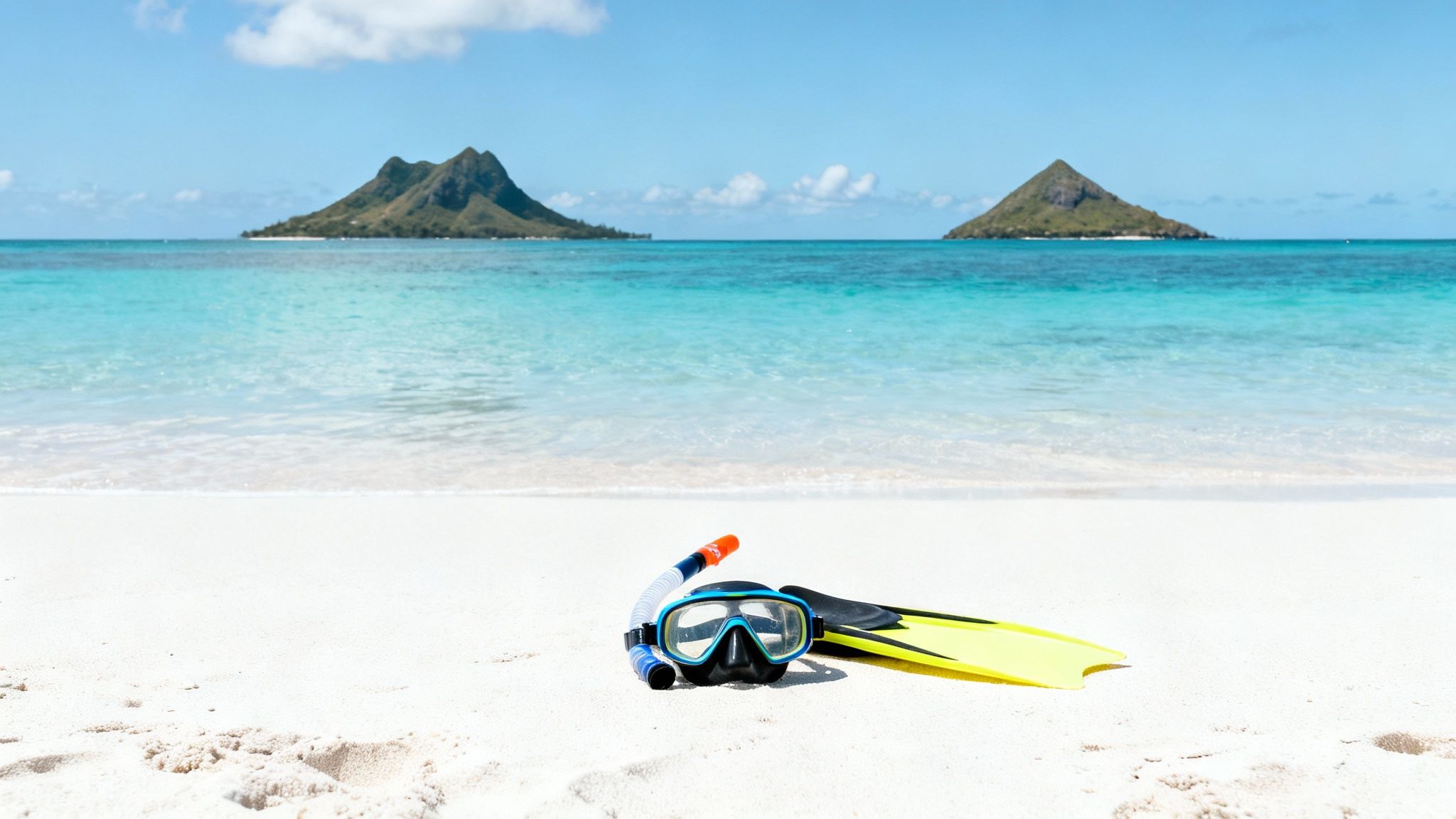 Snorkel mask and yellow fins on a white sandy beach with turquoise water and tropical islands.