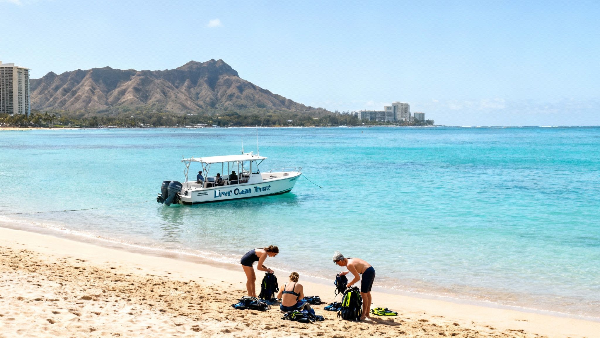 Scuba divers on a sunny Waikiki beach with an anchored boat and scenic mountains.