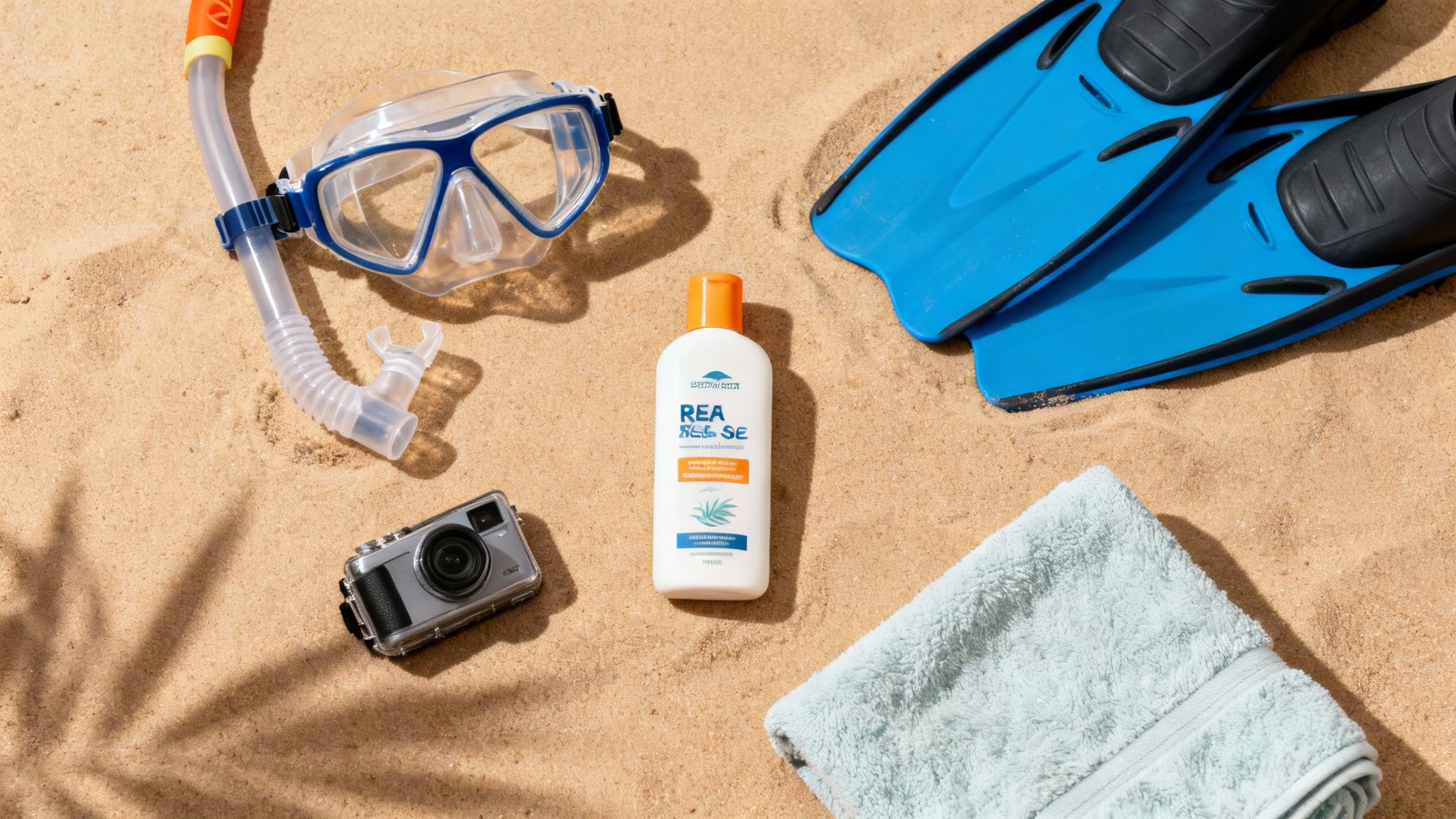 Snorkeling gear, sunscreen, camera, and towel laid out on sandy beach with palm shadows.