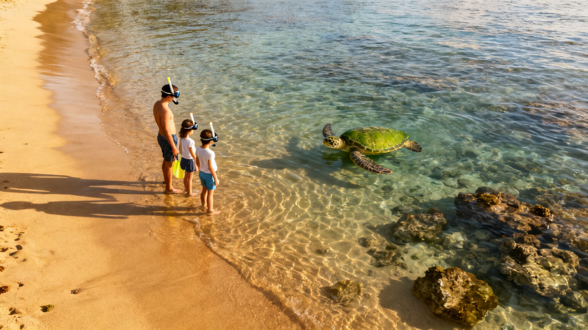 A father and two children in snorkeling gear stand on a sandy beach watching a sea turtle in clear ocean water.