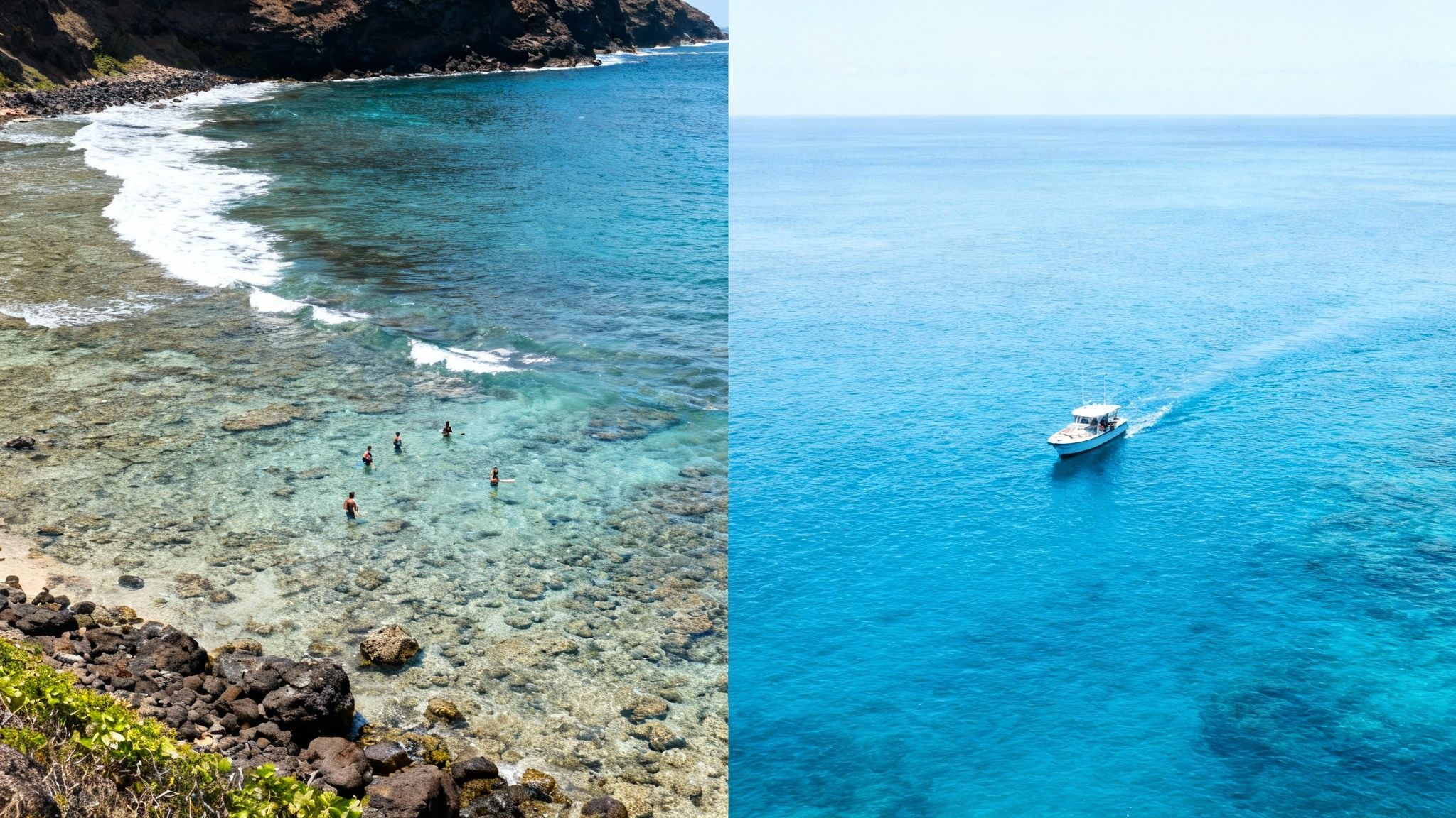 A split image showing people snorkeling in clear shallow ocean water and a boat sailing on the deep blue sea.
