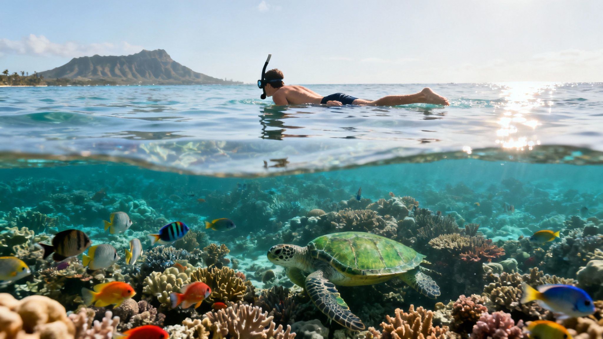 A person snorkeling in clear Hawaiian waters, revealing a sea turtle and colorful fish below, with Diamond Head mountain.