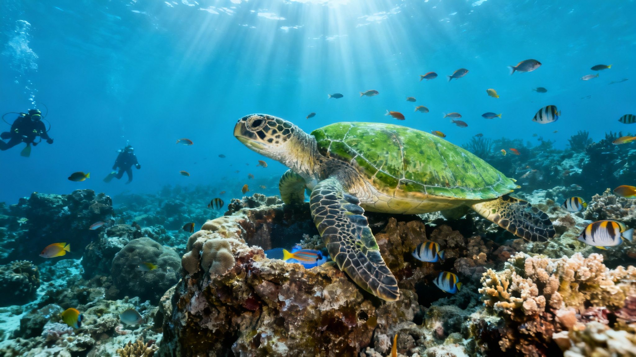 A vibrant underwater scene shows a green sea turtle on a coral reef with divers and fish.