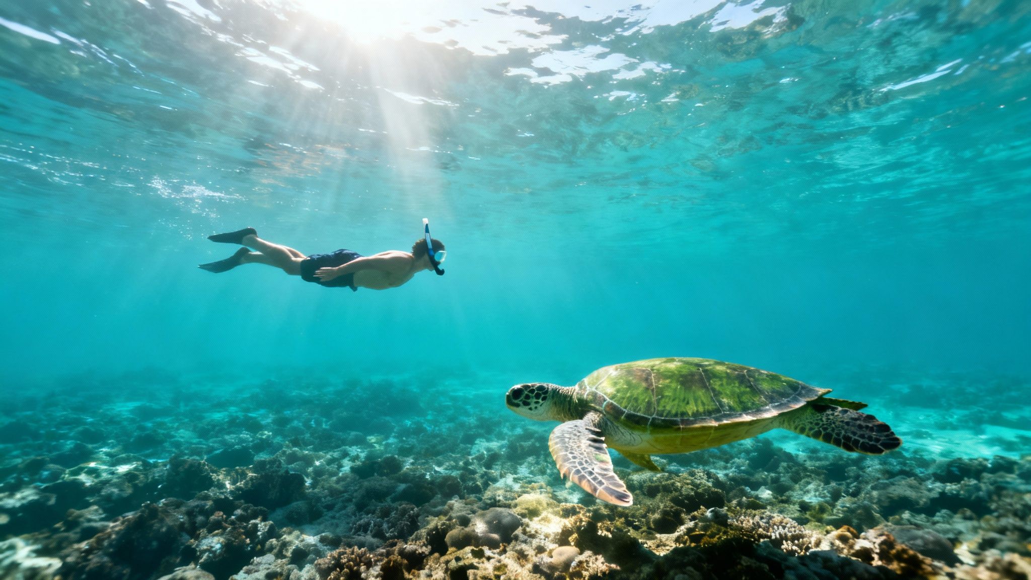 Underwater view of a person snorkeling next to a large green sea turtle in clear blue ocean water.