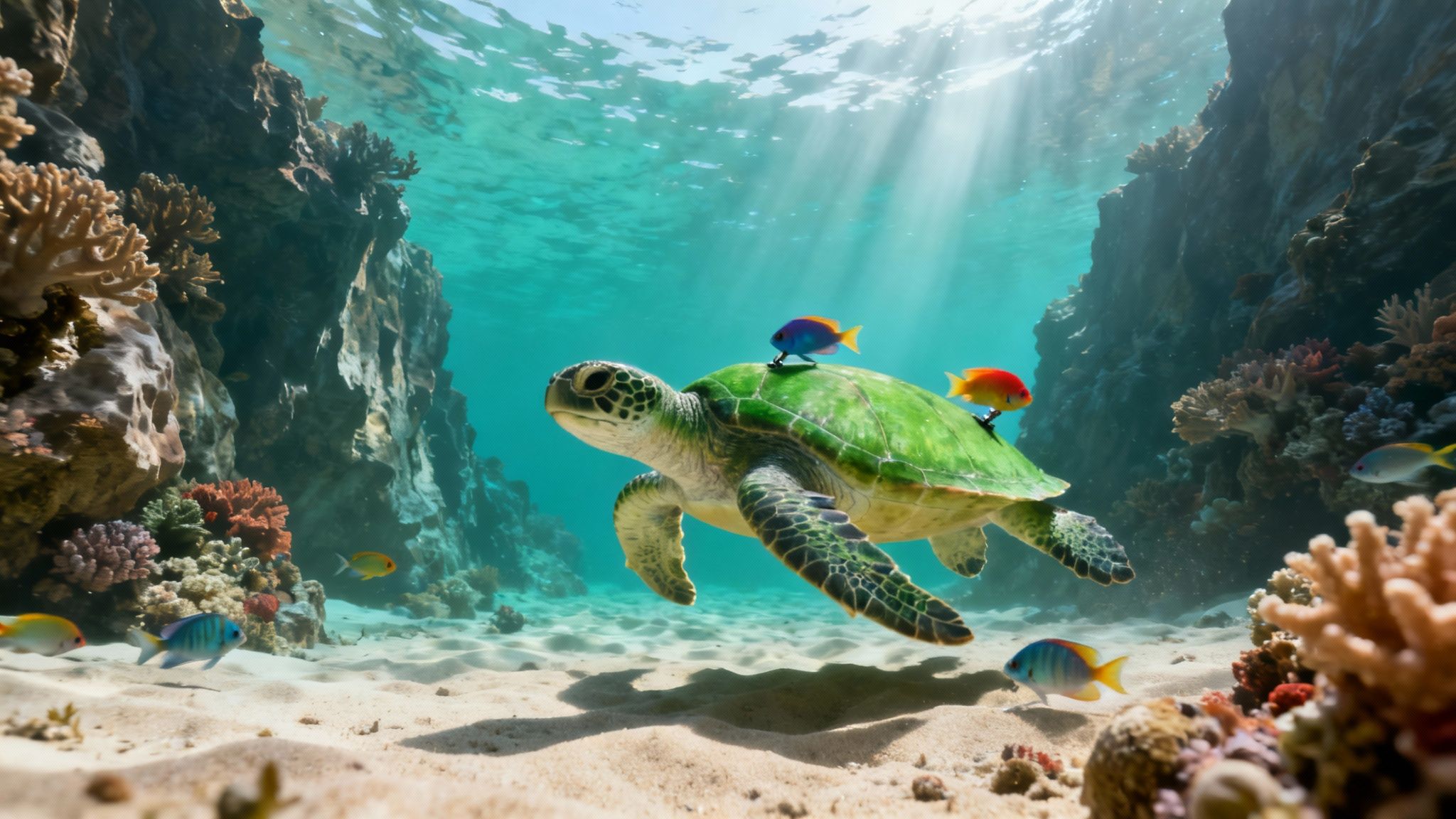 A vibrant green sea turtle swims underwater with two colorful fish on its shell, surrounded by coral and light rays.