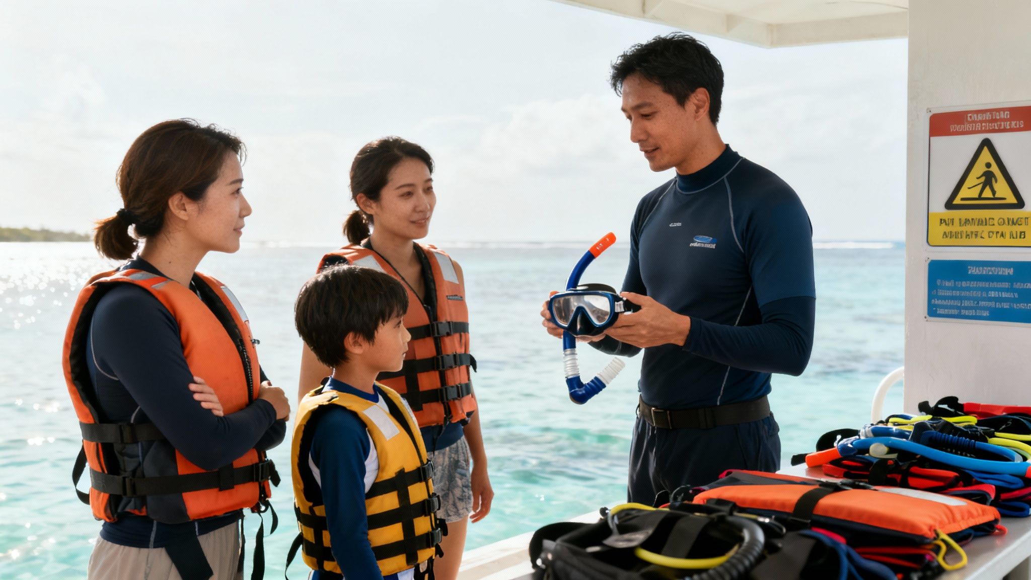 An instructor shows snorkeling equipment to a family wearing life vests on a boat.