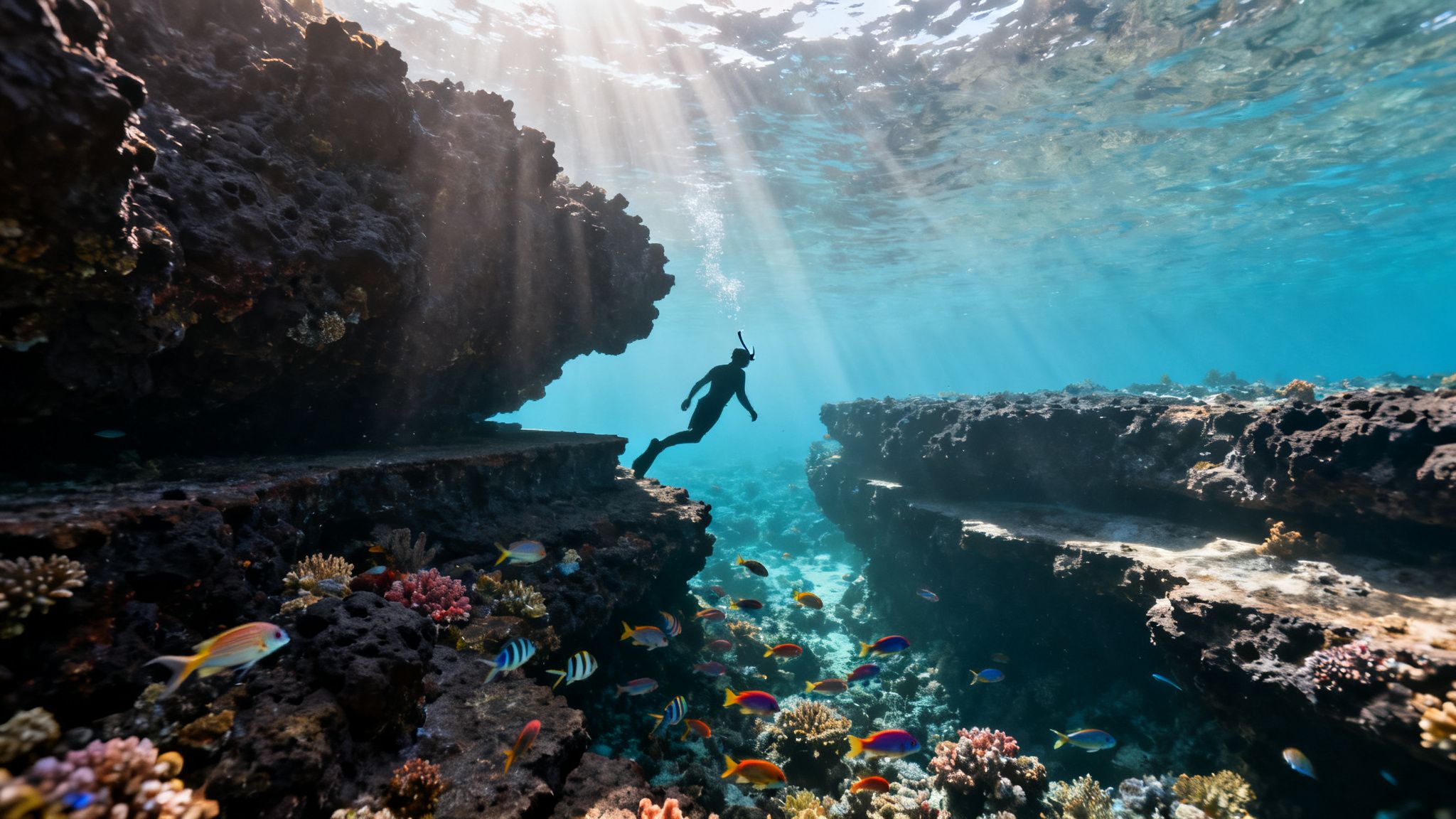 Underwater view of a snorkeler swimming through a colorful coral reef with sun rays.