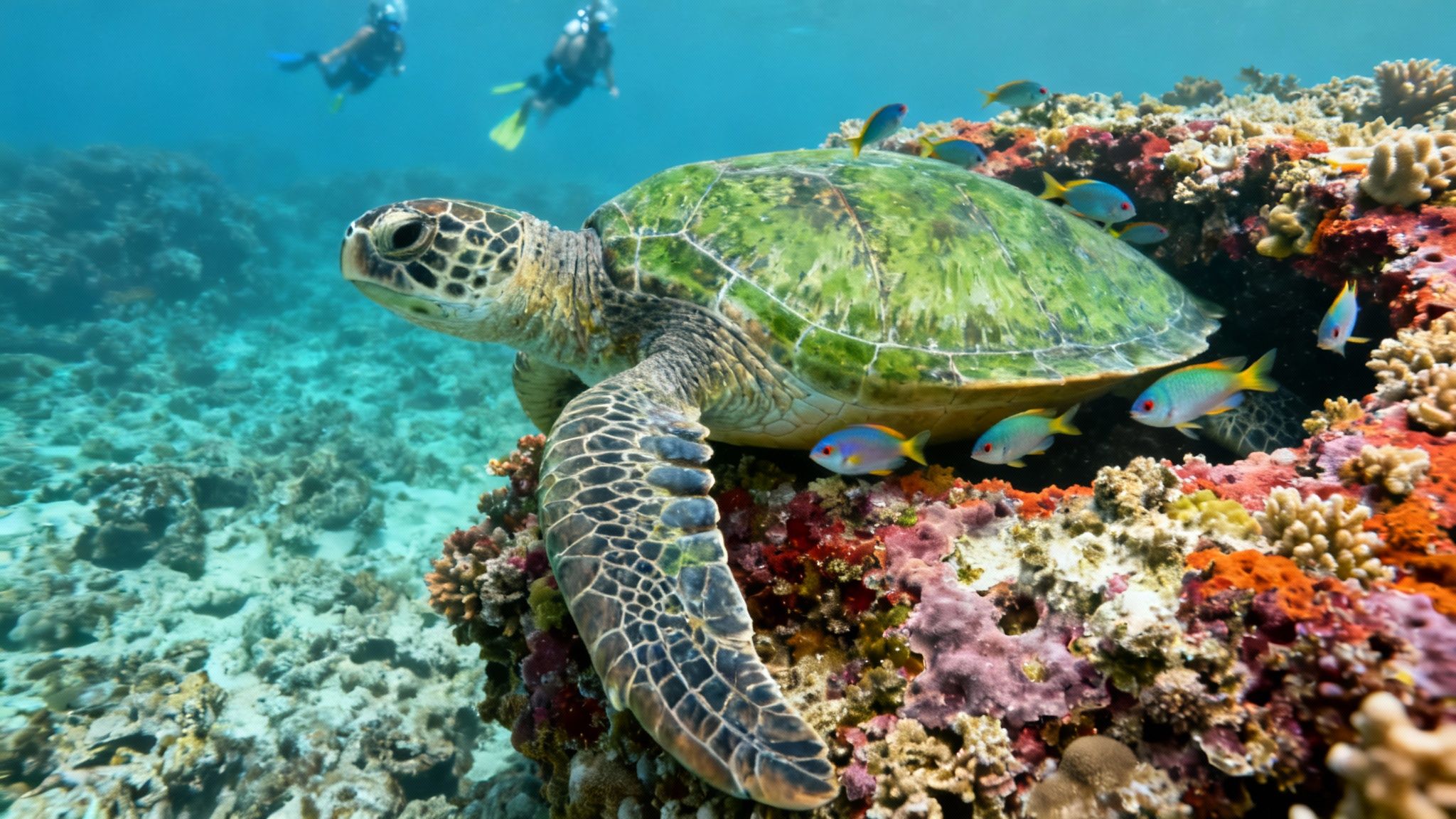 A large green sea turtle rests on a vibrant coral reef surrounded by colorful fish, with divers in the clear blue ocean.