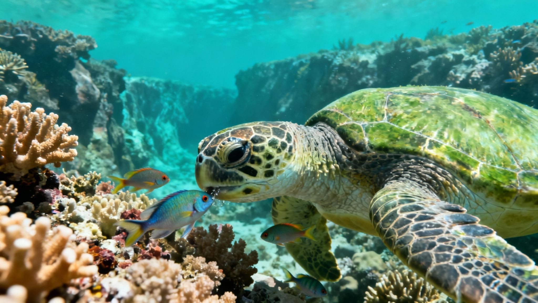 A green sea turtle swims gracefully amongst vibrant coral reefs with small fish in clear blue water.