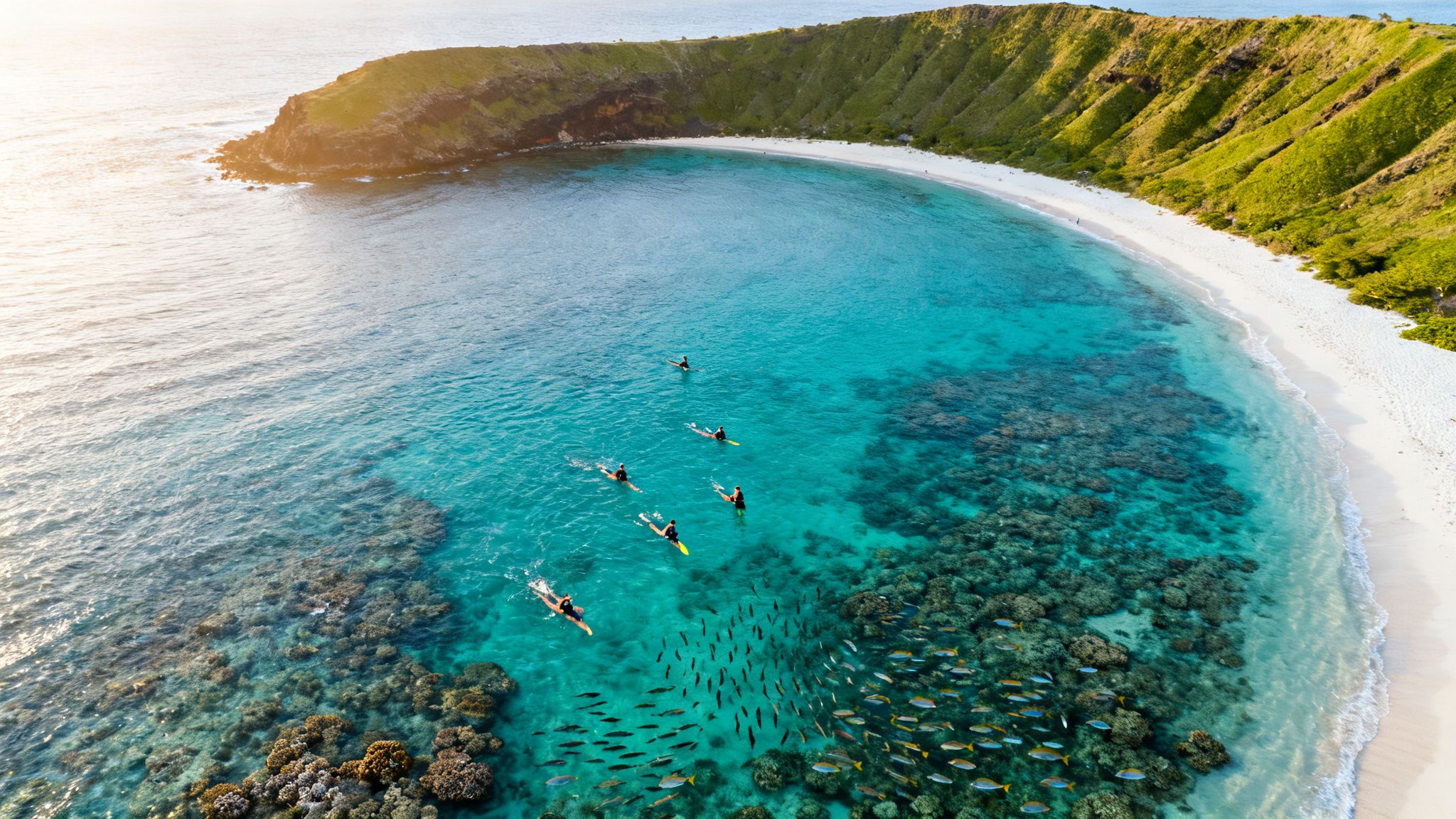 Aerial view of a stunning turquoise bay with swimmers, paddleboarders, and a large school of fish over coral reefs.
