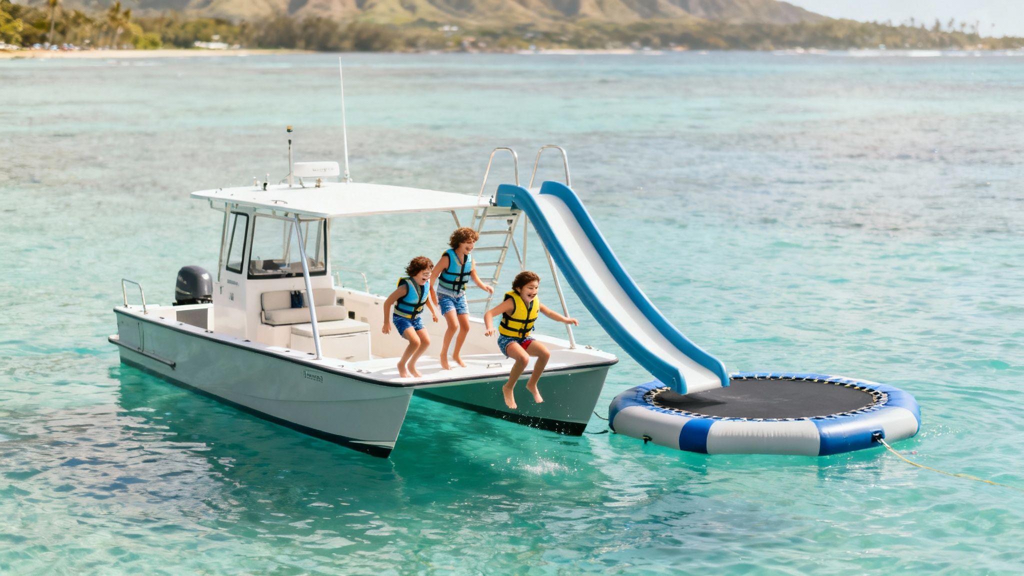 Happy kids in life vests jumping from a catamaran boat to an inflatable water slide and trampoline in the ocean.