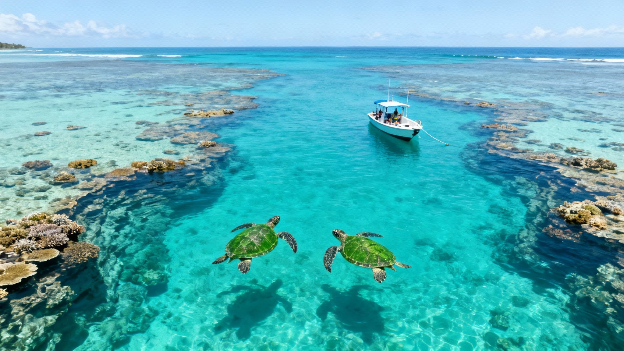 Aerial view of a vibrant coral reef, two sea turtles, and a boat in clear turquoise water.
