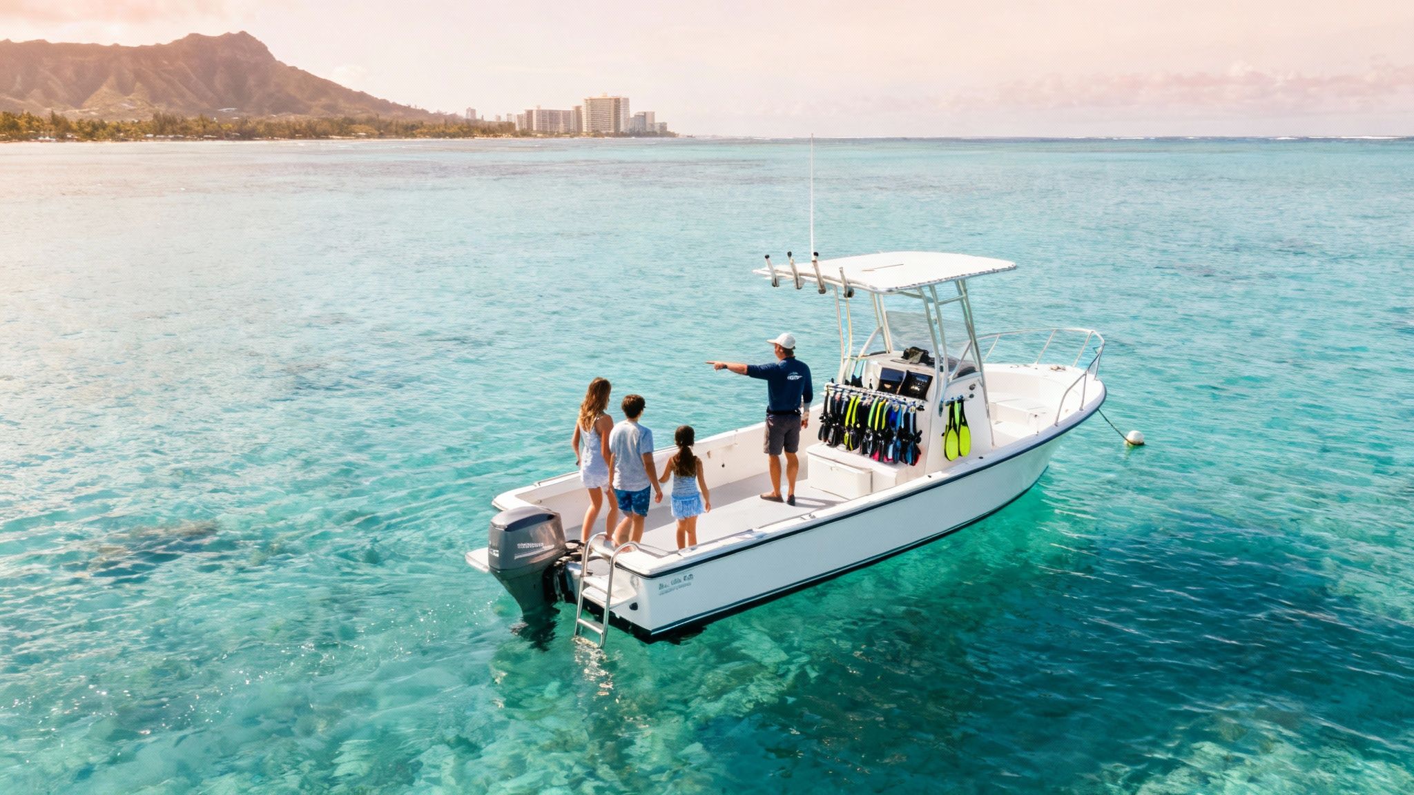 A family on a white boat in clear turquoise water with a captain pointing, Diamond Head in the background.