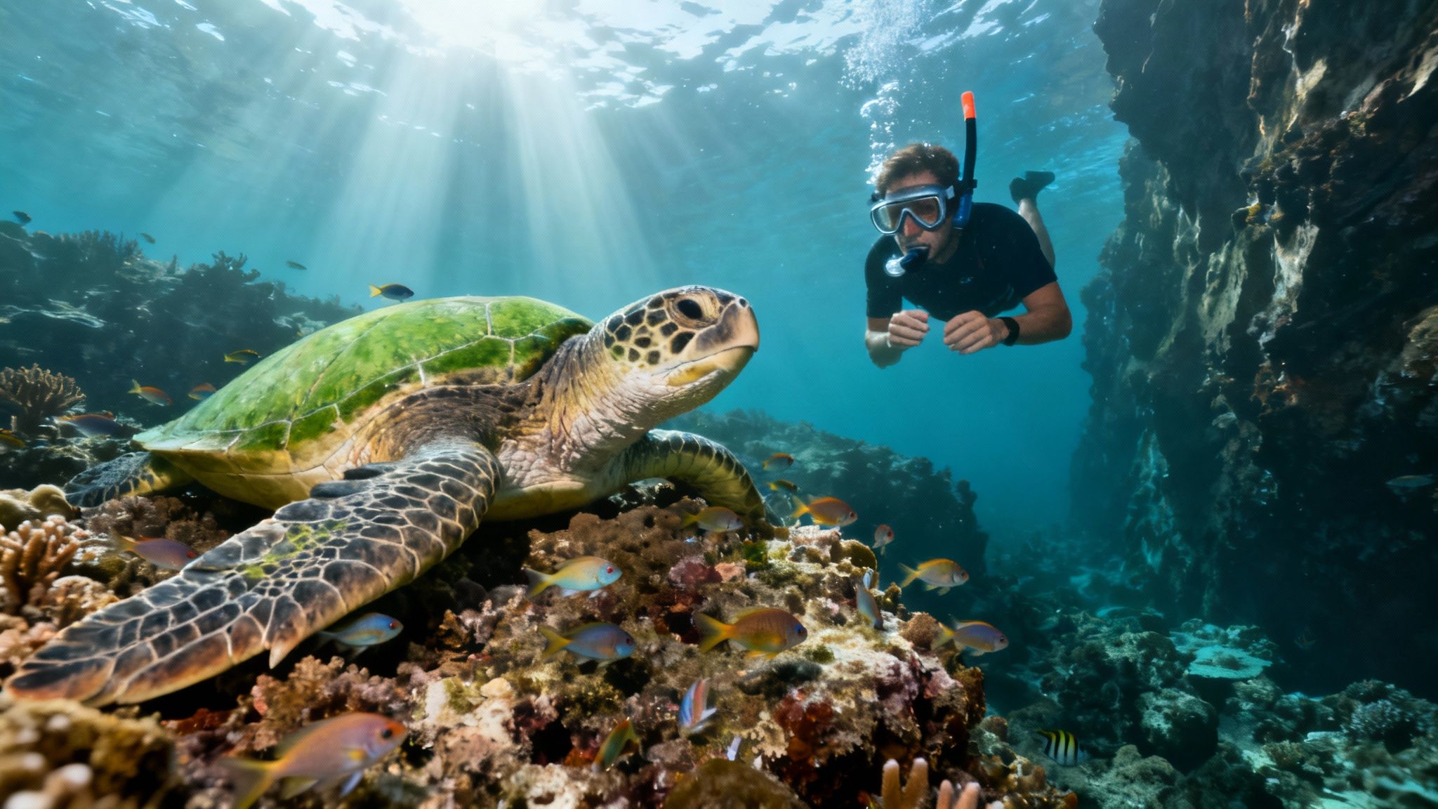 A snorkeler observes a green sea turtle resting on a vibrant coral reef with sun rays shining through the water.