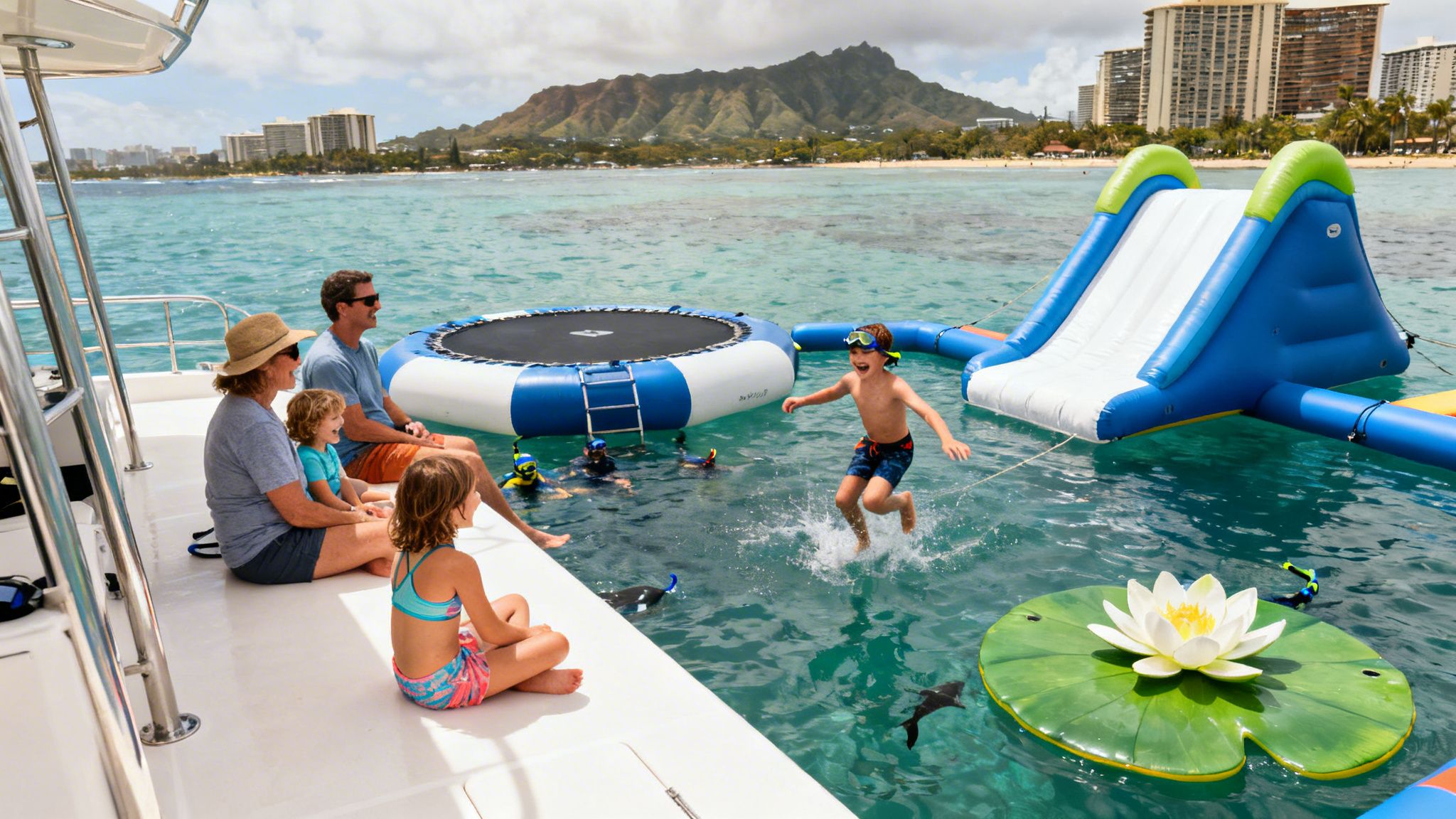 Family enjoys a boat trip with inflatable water slide, trampoline, and snorkeling in Waikiki.