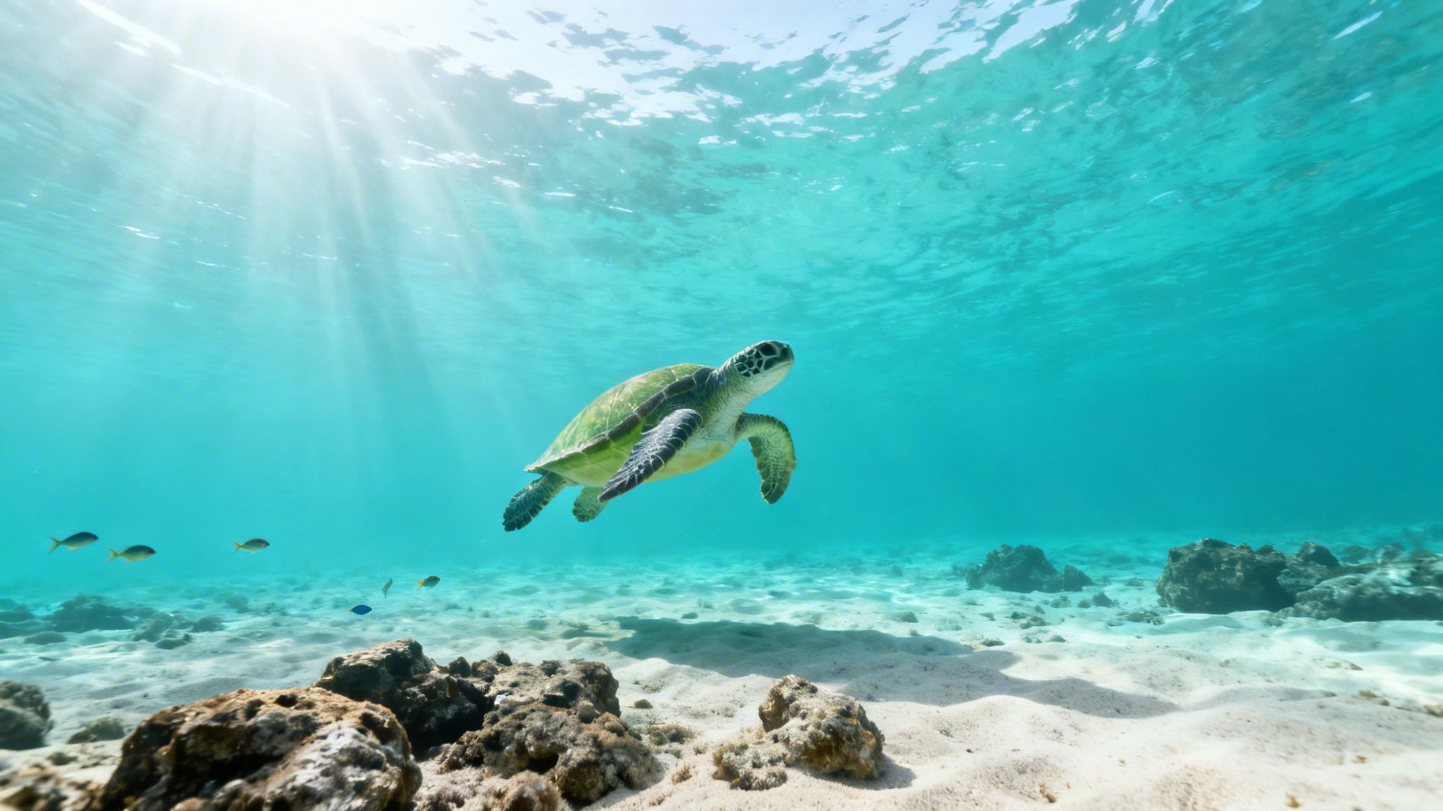 A beautiful green sea turtle swims in clear blue ocean water with sun rays and sandy seabed.